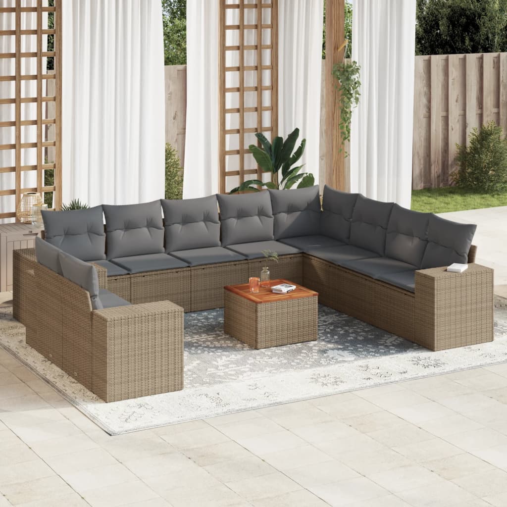 11 Pcs conjunto sofás de jardim c/ almofadões vime PE bege