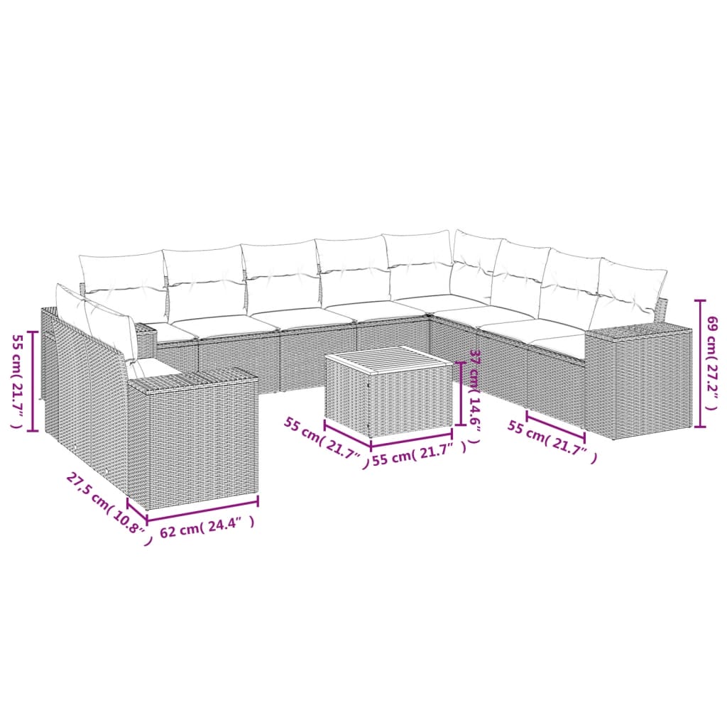11 Pcs conjunto sofás de jardim c/ almofadões vime PE bege