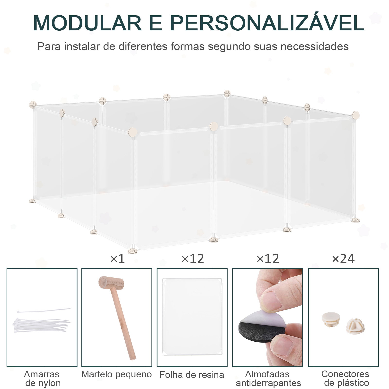 Recinto para Pequenos Animais Modular de Metal com 12 Painéis e 24 Conectores para Coelhos Porquinhos da Índia 105x105x45 cm Bra