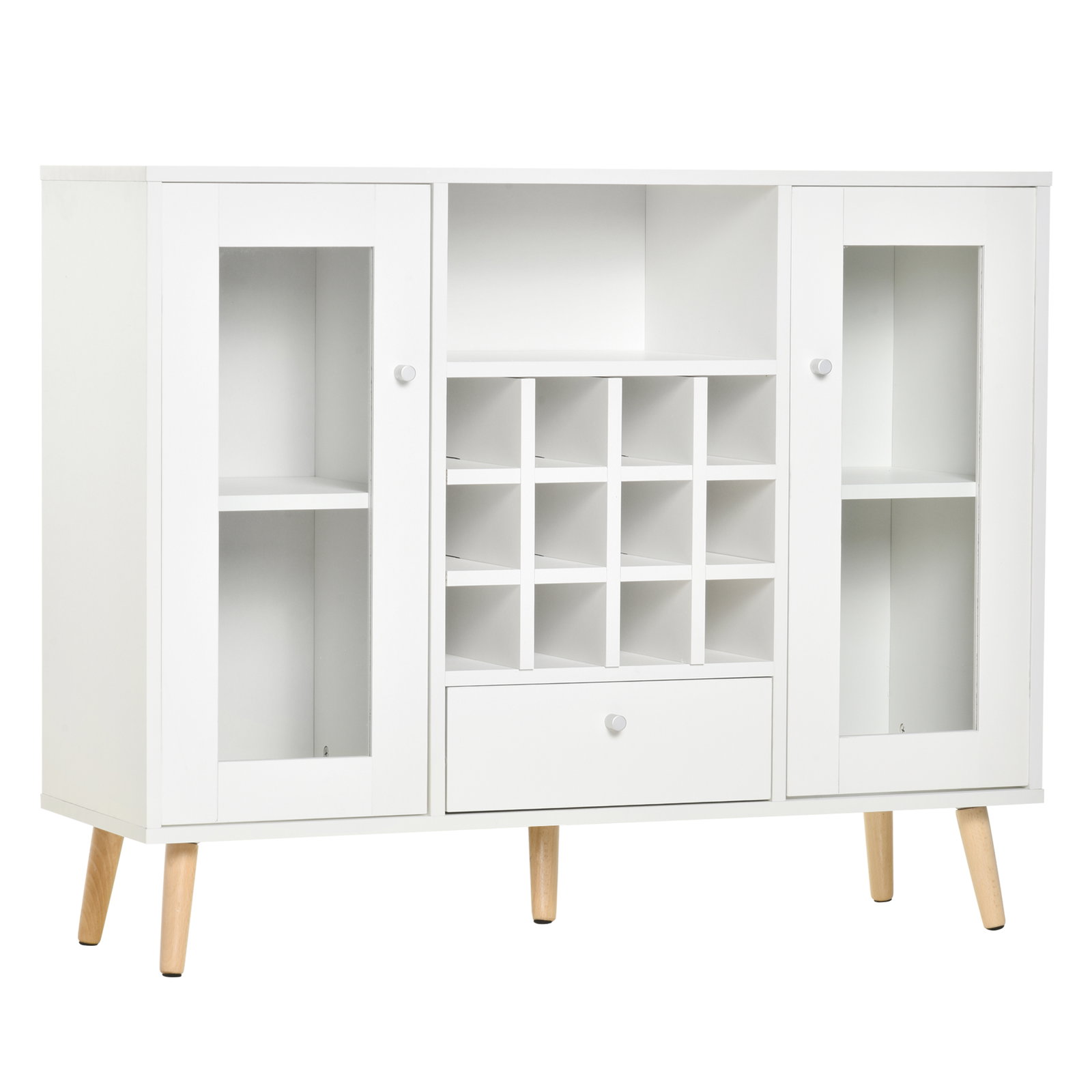Aparador de cozinha armário de armazenamento com 12 suportes para garrafas e 3 estantes portas de vidro 100x33x80cm branco