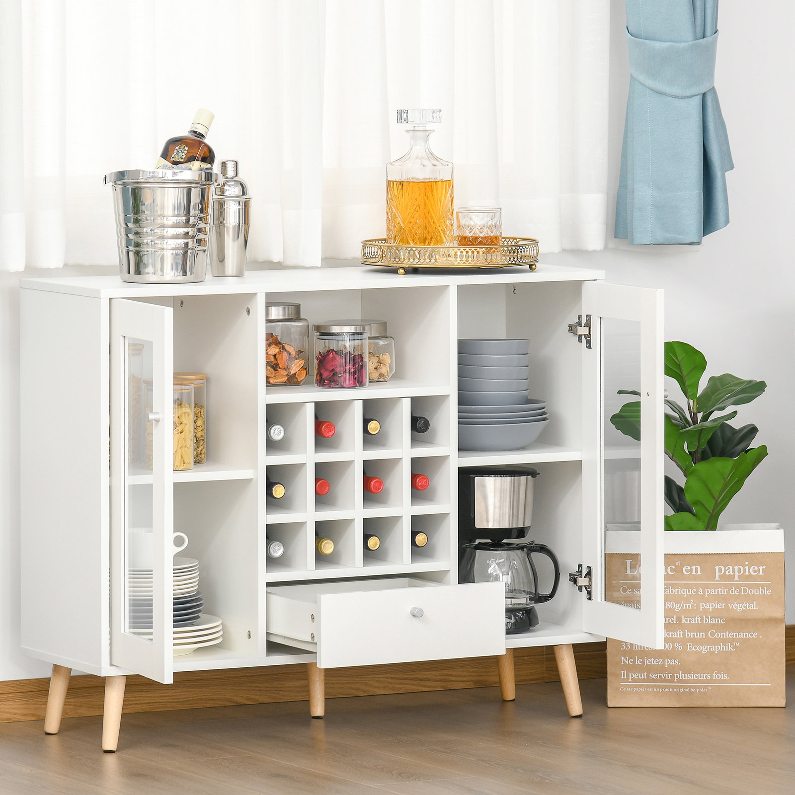 Aparador de cozinha armário de armazenamento com 12 suportes para garrafas e 3 estantes portas de vidro 100x33x80cm branco
