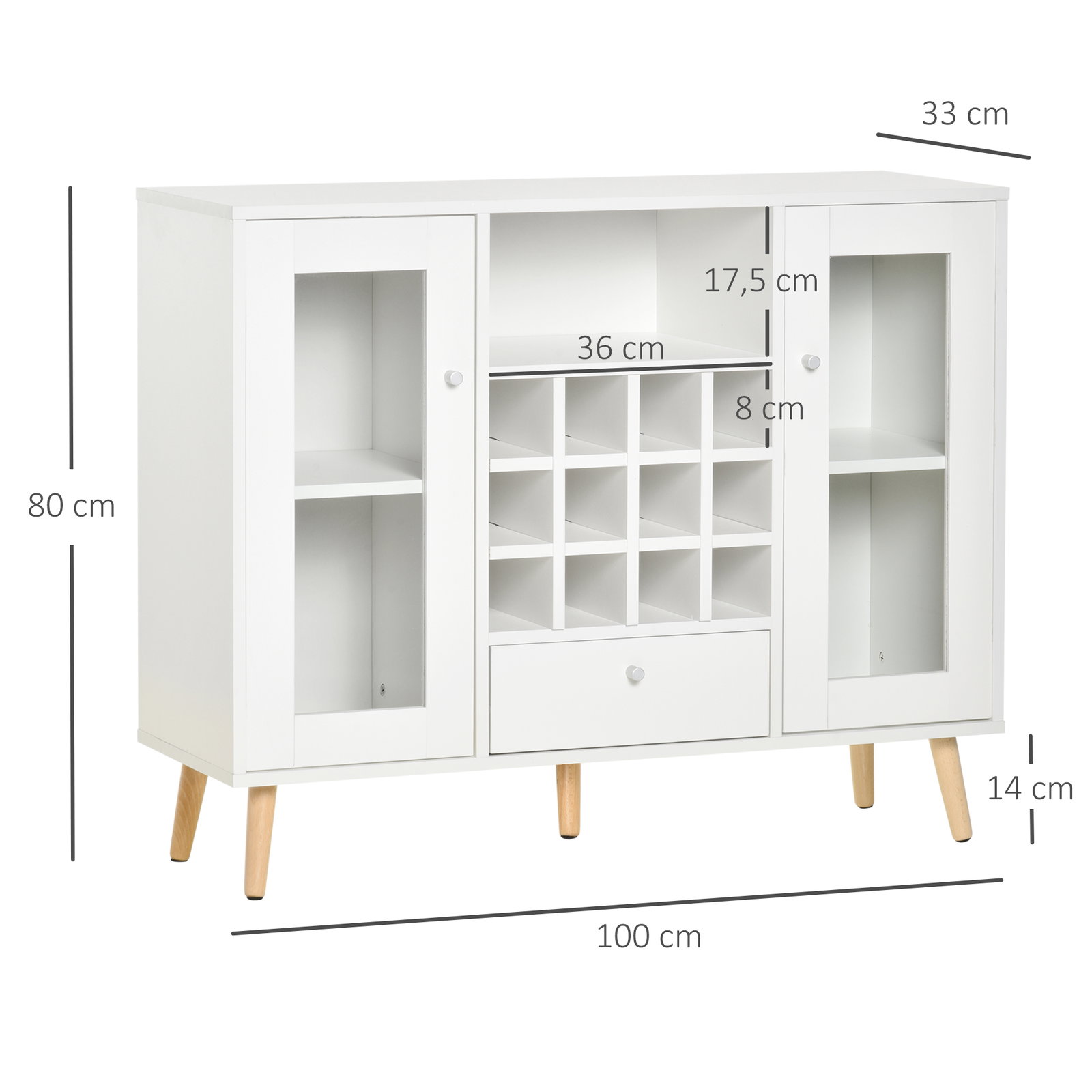 Aparador de cozinha armário de armazenamento com 12 suportes para garrafas e 3 estantes portas de vidro 100x33x80cm branco