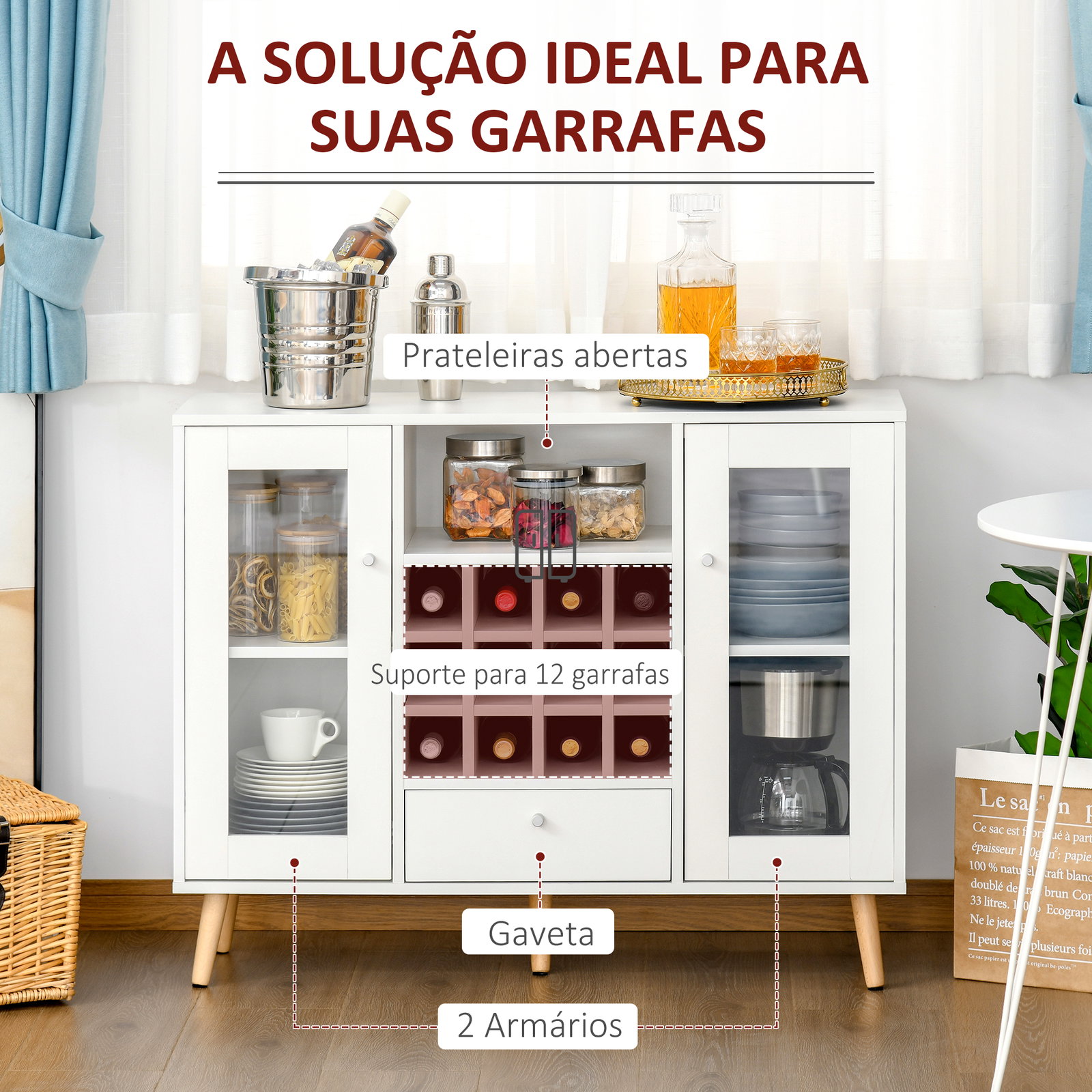 Aparador de cozinha armário de armazenamento com 12 suportes para garrafas e 3 estantes portas de vidro 100x33x80cm branco