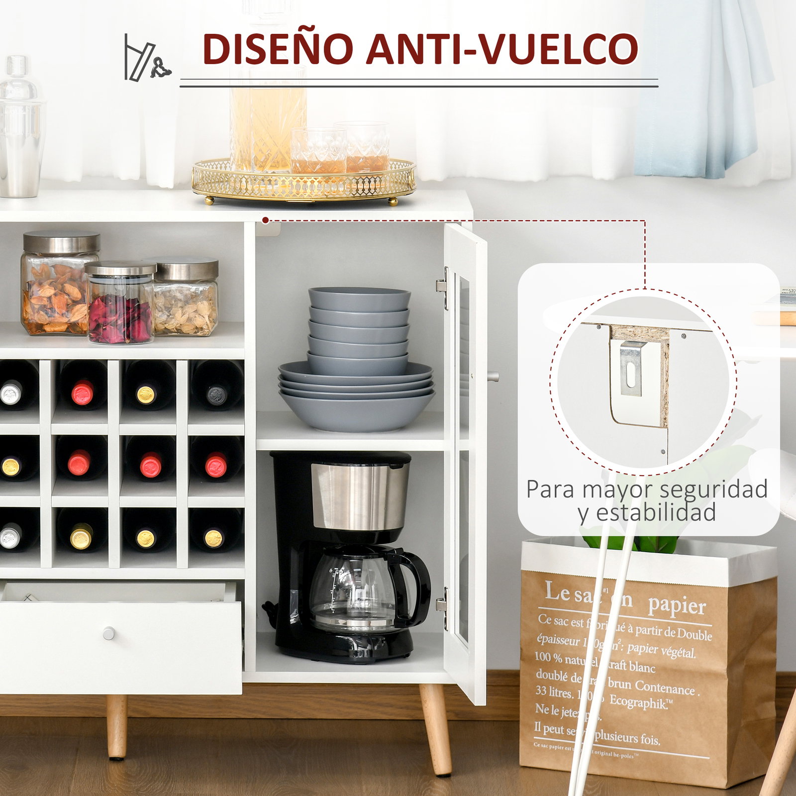 Aparador de cozinha armário de armazenamento com 12 suportes para garrafas e 3 estantes portas de vidro 100x33x80cm branco