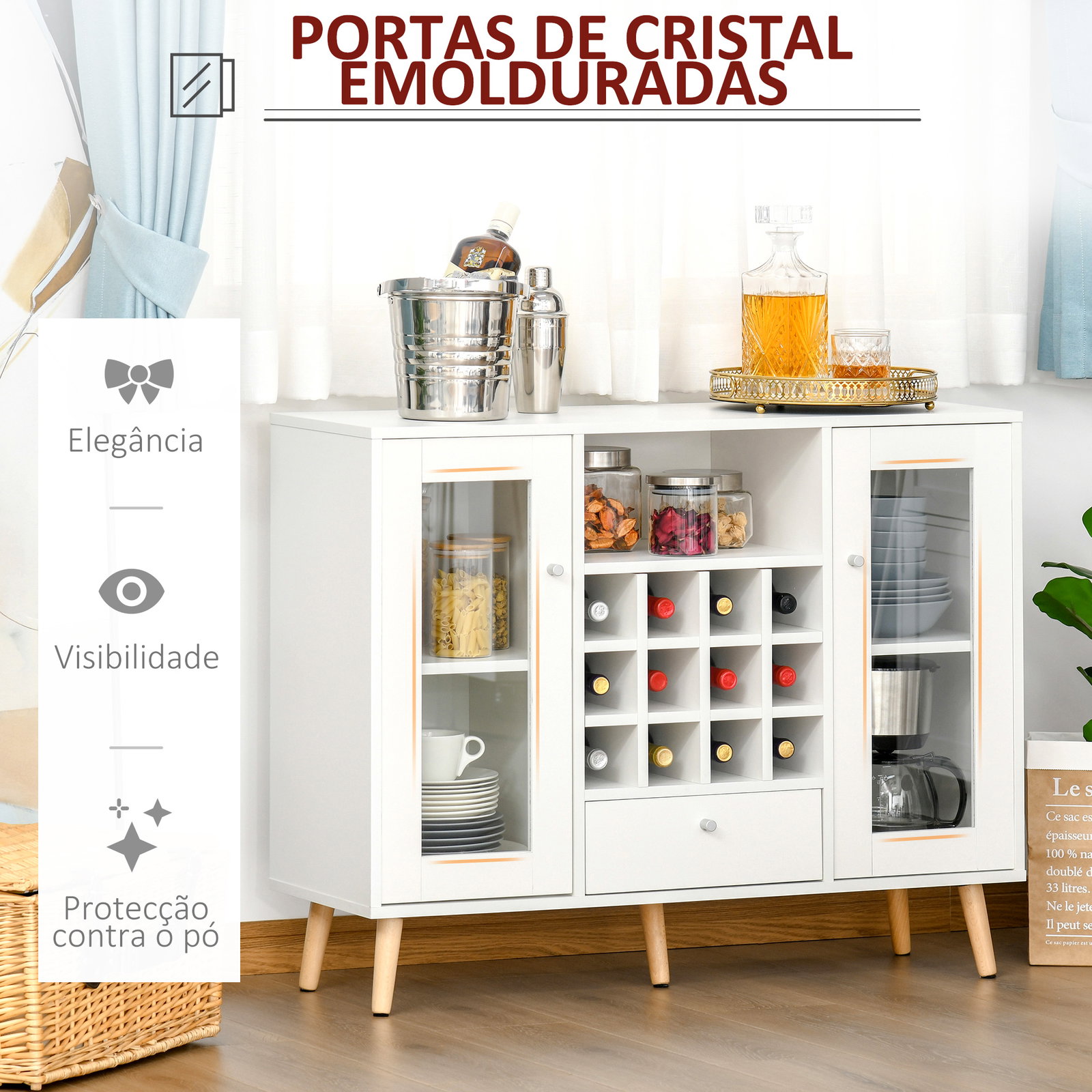 Aparador de cozinha armário de armazenamento com 12 suportes para garrafas e 3 estantes portas de vidro 100x33x80cm branco