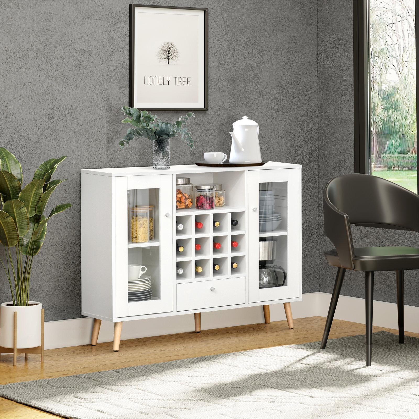 Aparador de cozinha armário de armazenamento com 12 suportes para garrafas e 3 estantes portas de vidro 100x33x80cm branco