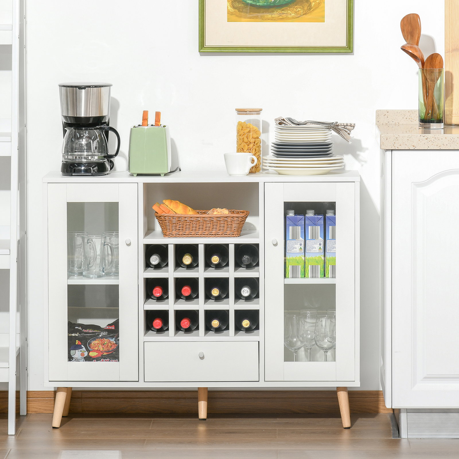 Aparador de cozinha armário de armazenamento com 12 suportes para garrafas e 3 estantes portas de vidro 100x33x80cm branco