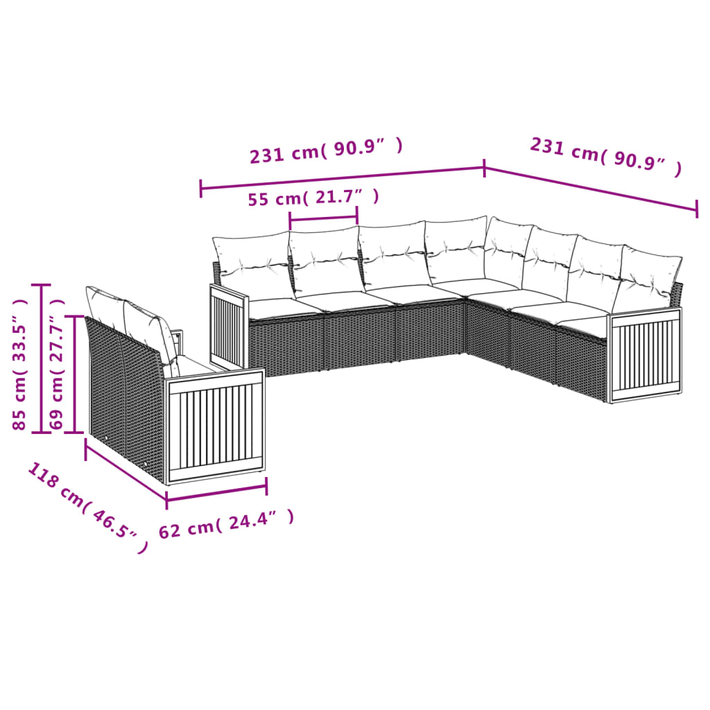 9 Pcs conjunto de sofás p/ jardim com almofadões vime PE bege