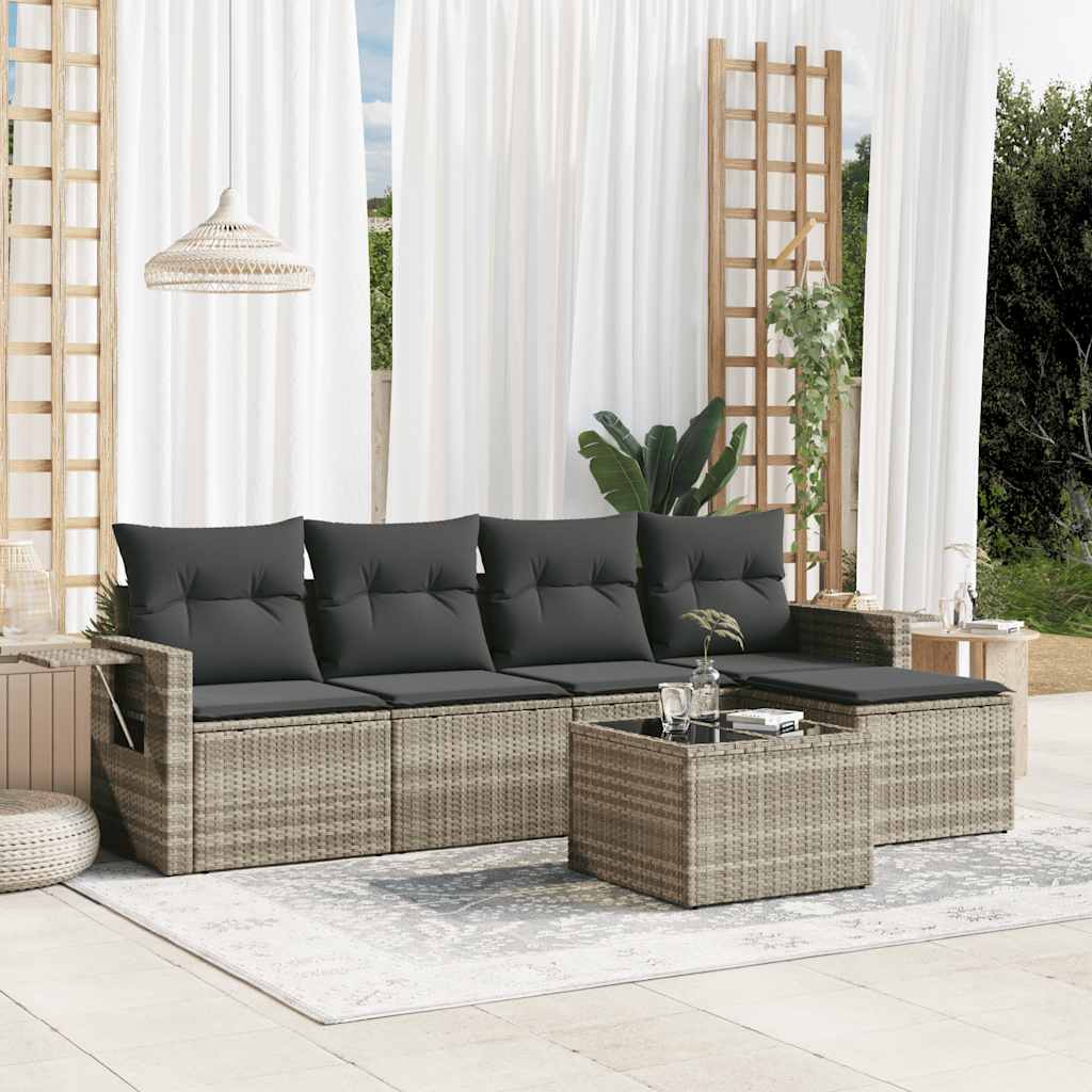 6 Pcs conj. sofás jardim com almofadões vime PE cinzento-claro