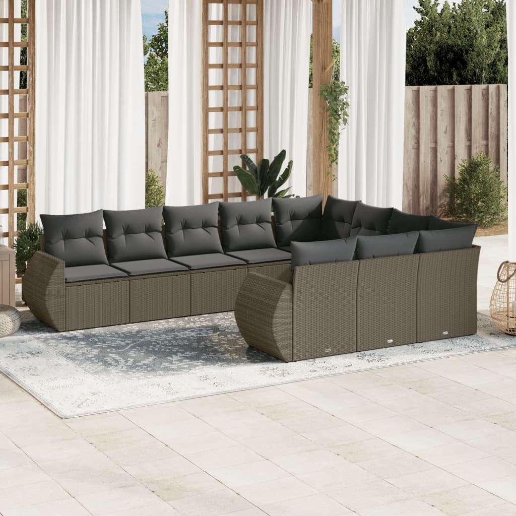 10 Pcs conj. sofás jardim com almofadões vime PE cinzento-claro