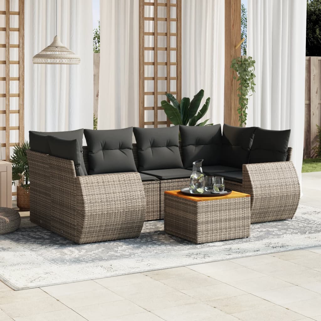 7 Pcs conjunto sofás p/ jardim c/ almofadões vime PE cinzento