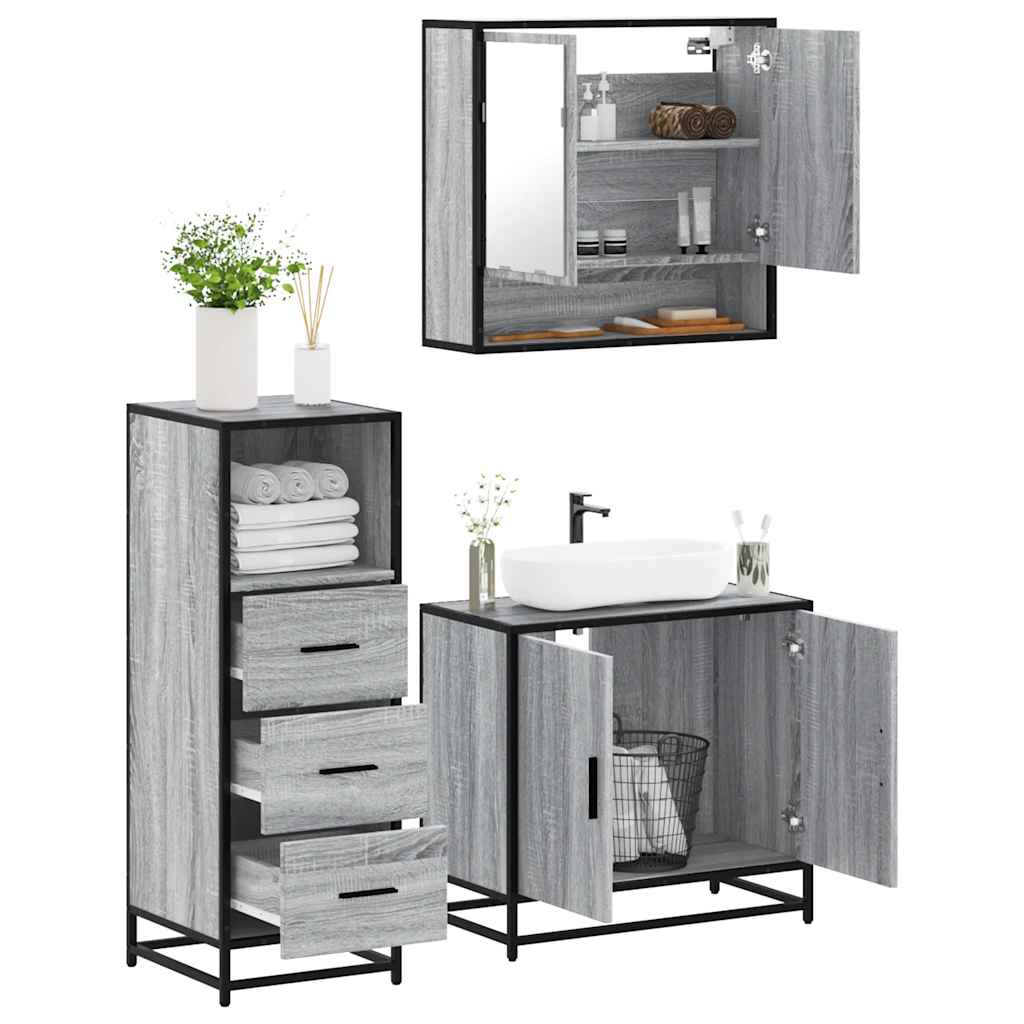 3 Pcs conjunto móveis casa de banho madeira proc. cinza sonoma