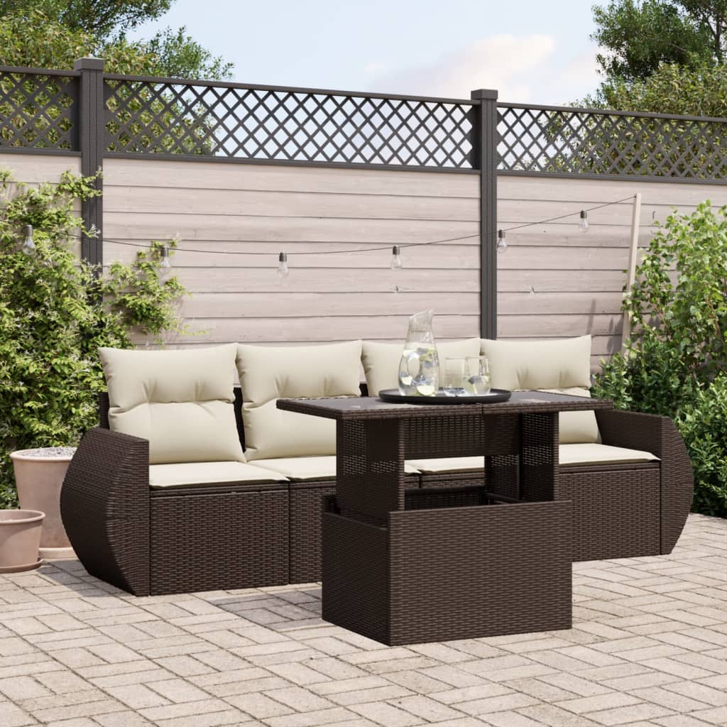 5 Pcs conjunto sofás p/ jardim c/ almofadões vime PE castanho