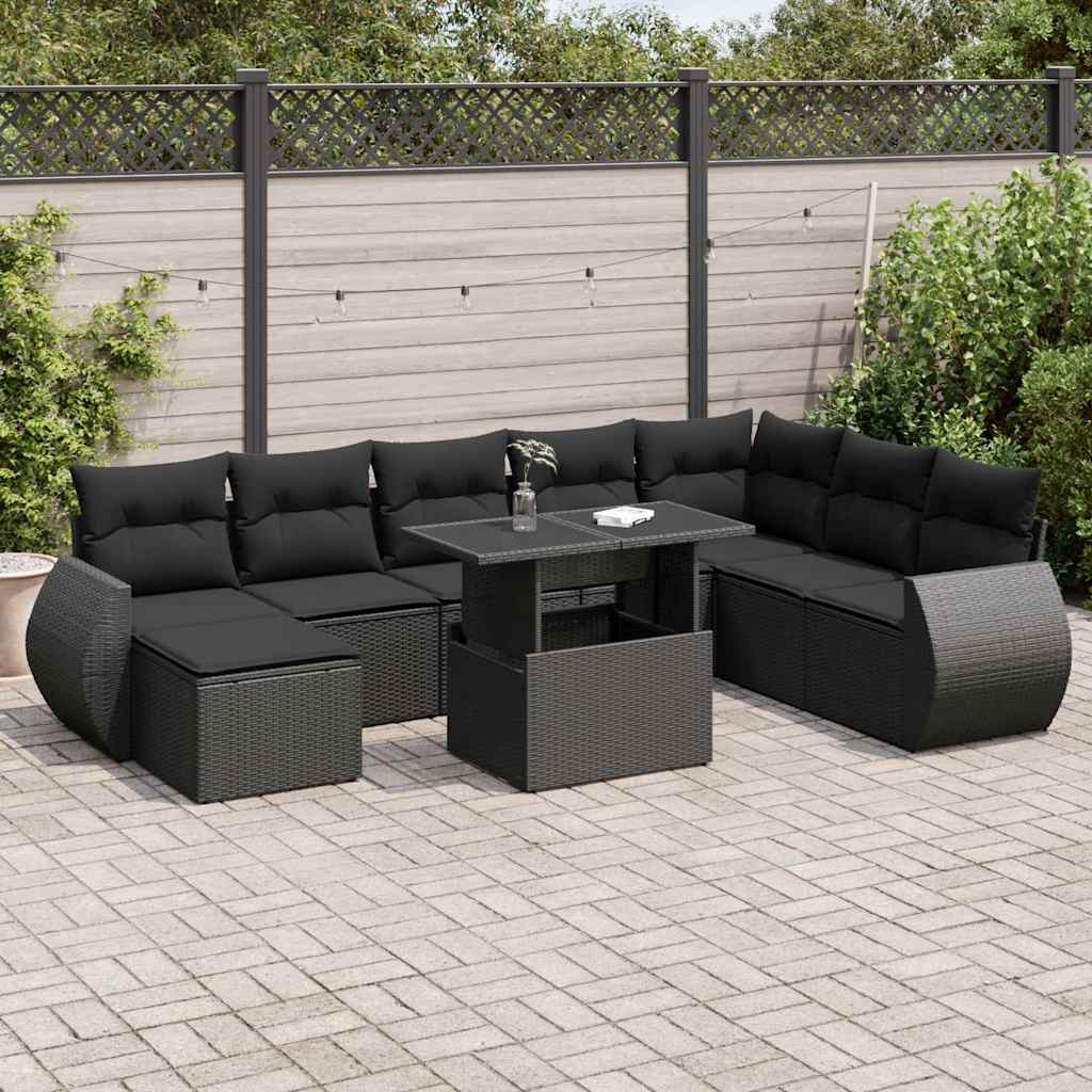 9 Pcs conjunto de sofás p/ jardim c/ almofadões vime PE preto