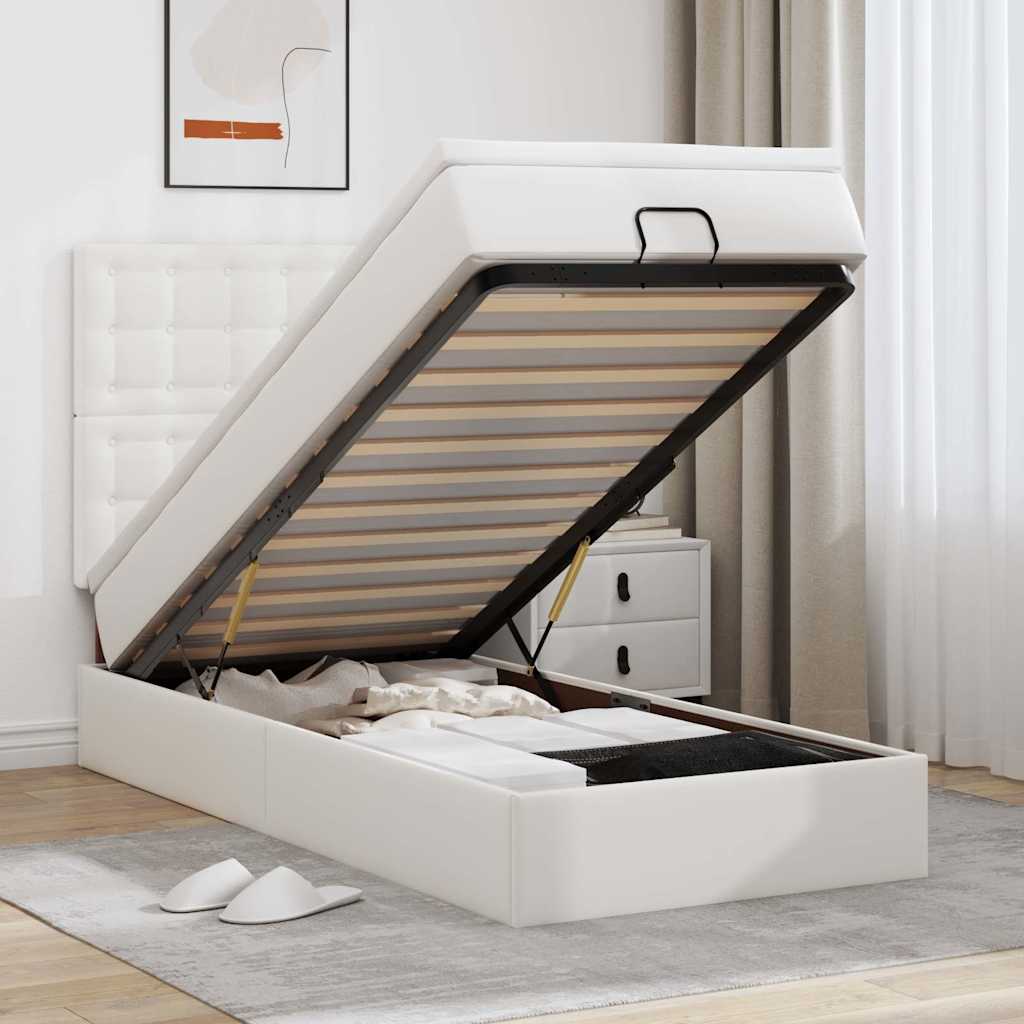 Moldura de cama síriaxl otomana com colchão branco couro falso