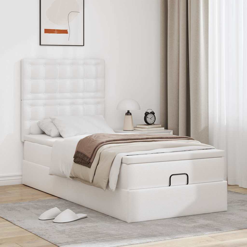 Moldura de cama síriaxl otomana com colchão branco couro falso