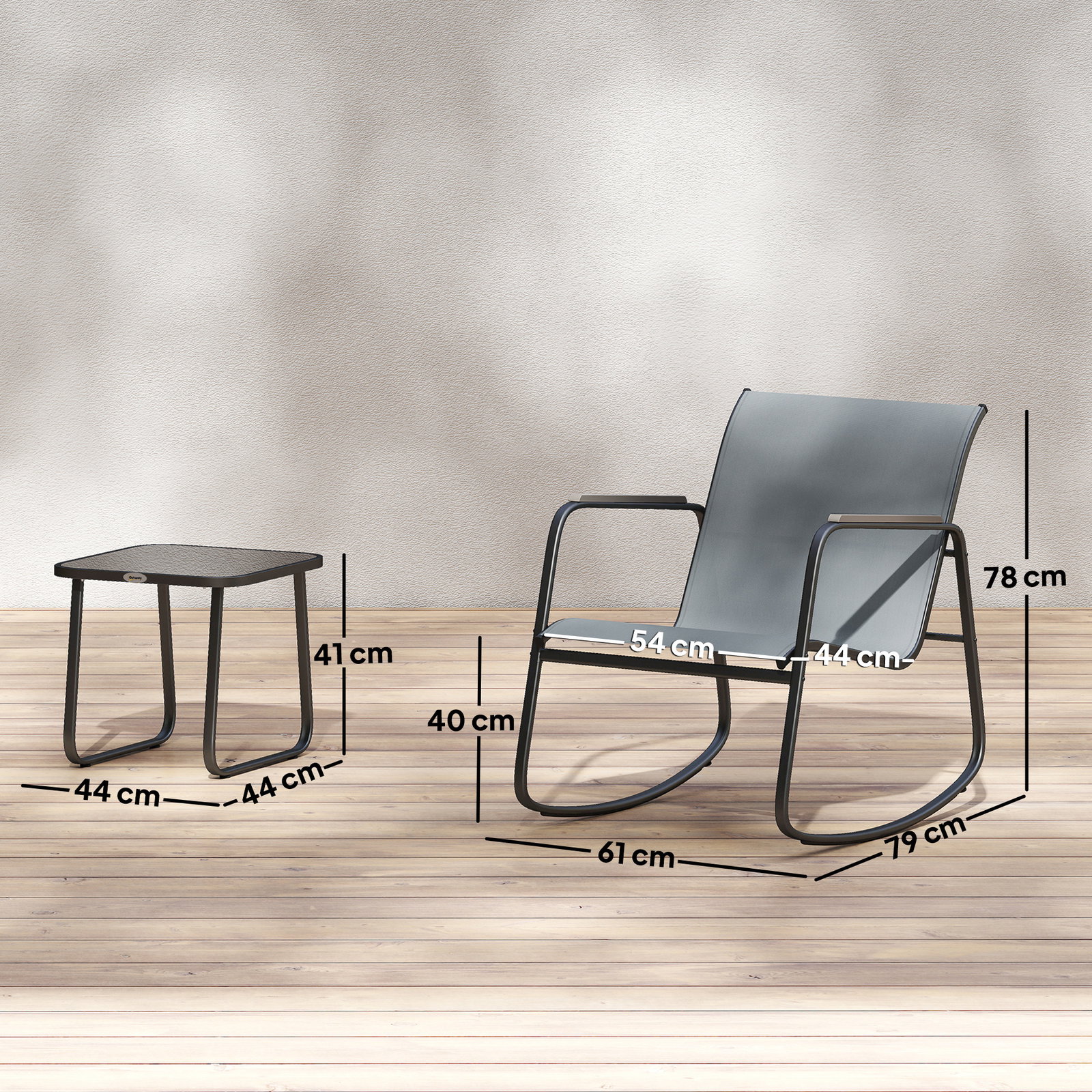 Conjunto de jardim de 3 peças com 2 cadeiras de balanço e mesa com tampo de vidro e estrutura de aço para pátio, cinza