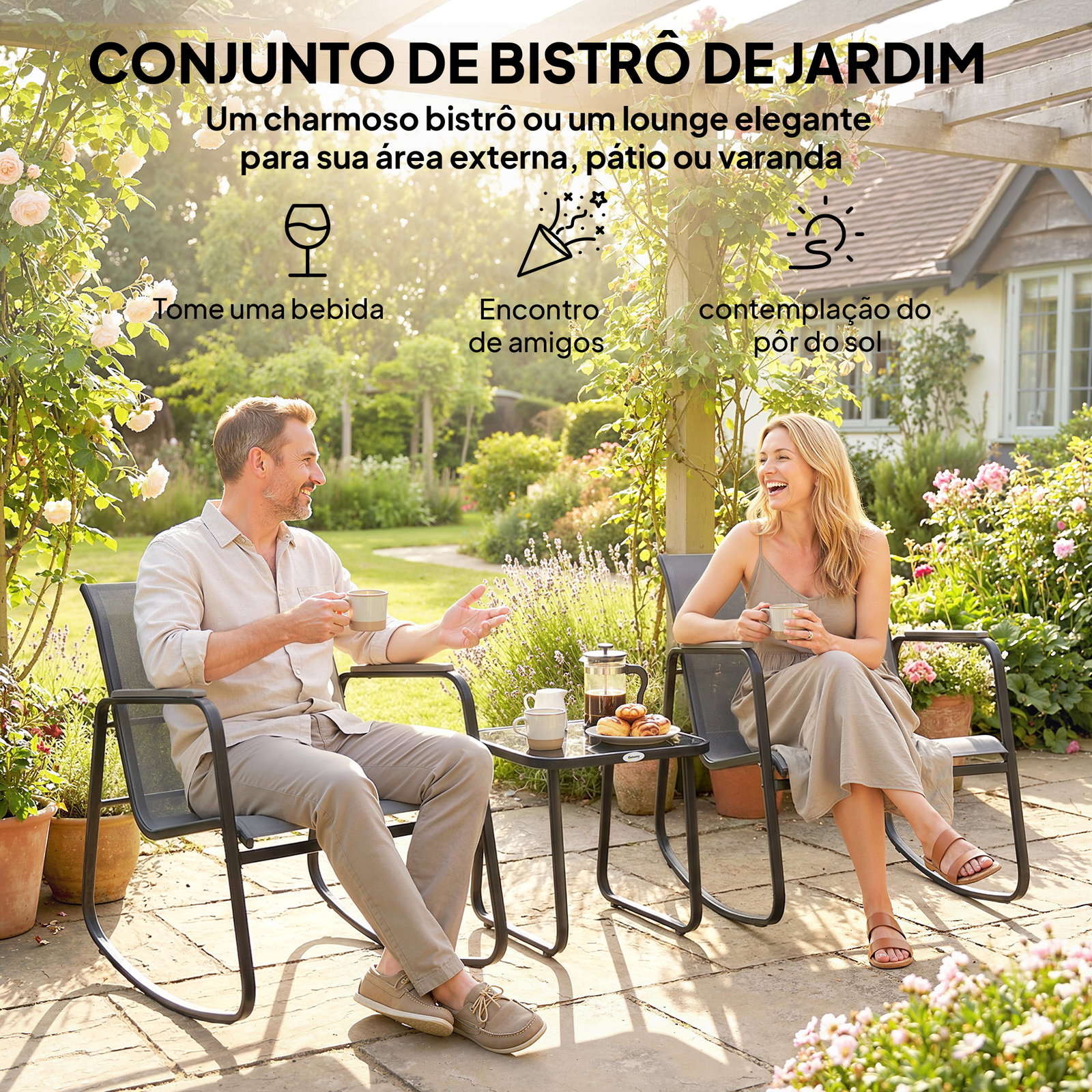 Conjunto de jardim de 3 peças com 2 cadeiras de balanço e mesa com tampo de vidro e estrutura de aço para pátio, cinza