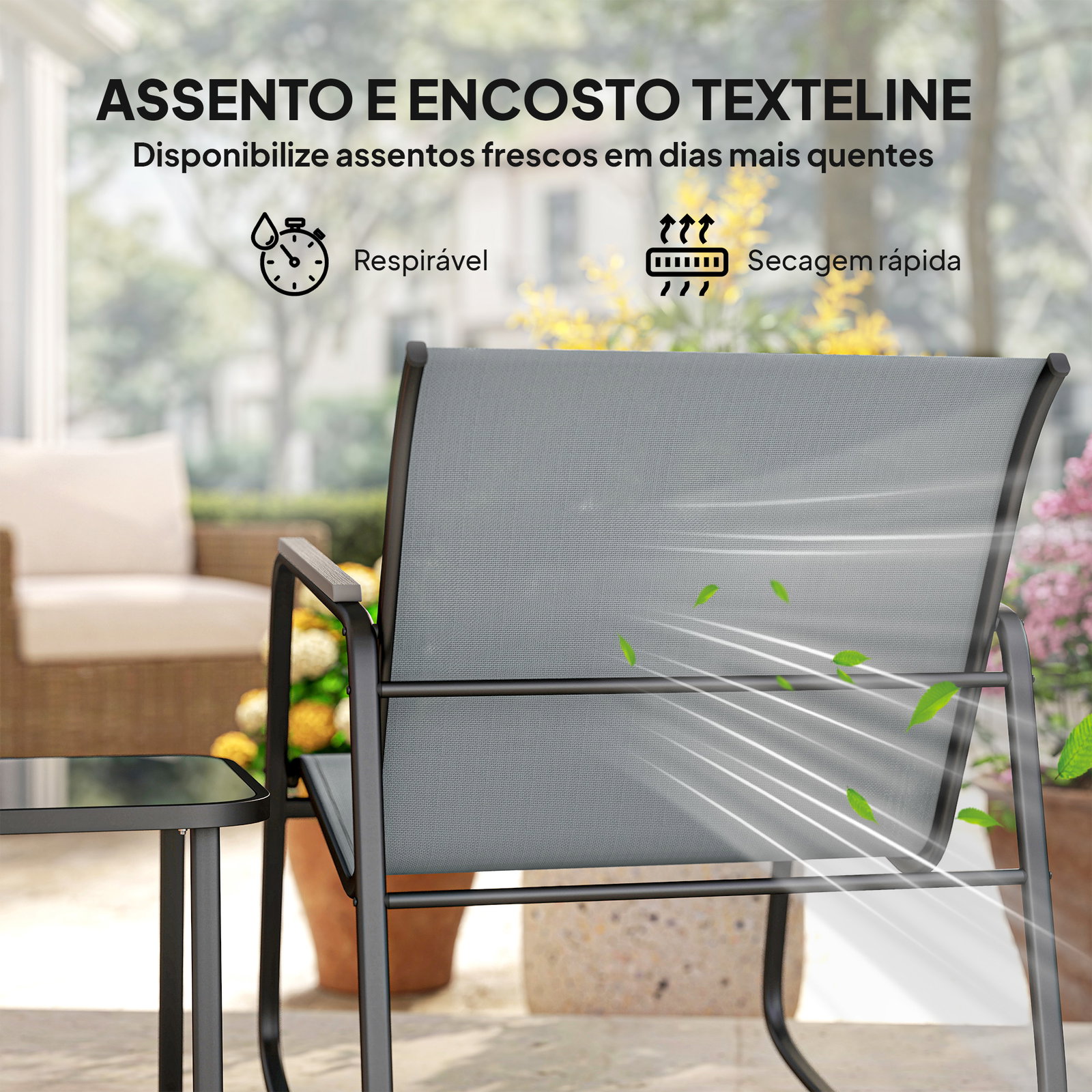 Conjunto de jardim de 3 peças com 2 cadeiras de balanço e mesa com tampo de vidro e estrutura de aço para pátio, cinza