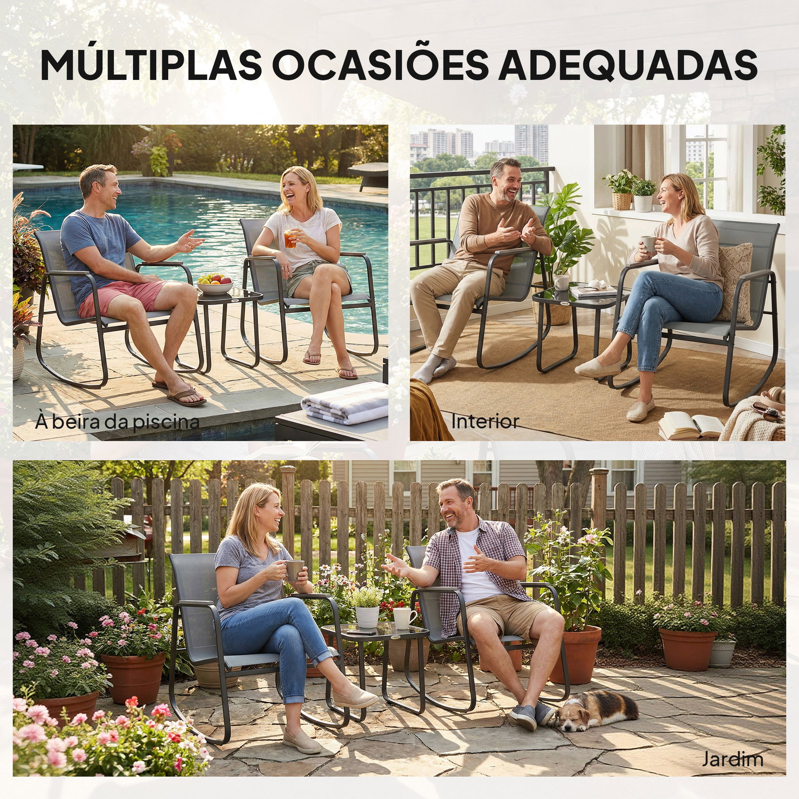 Conjunto de jardim de 3 peças com 2 cadeiras de balanço e mesa com tampo de vidro e estrutura de aço para pátio, cinza