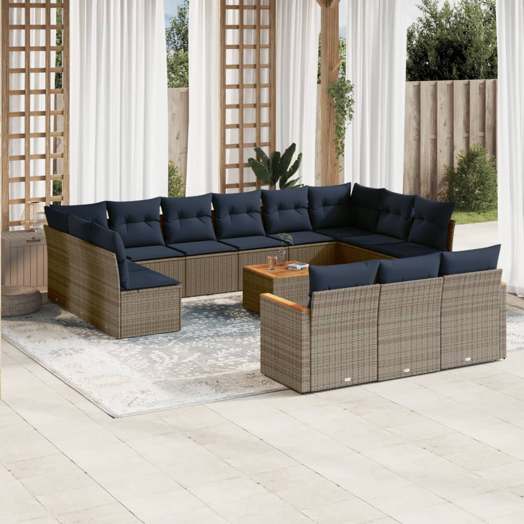 Conjunto de sofá de jardim com 14 peças e almofadas em rattan sintético cinza