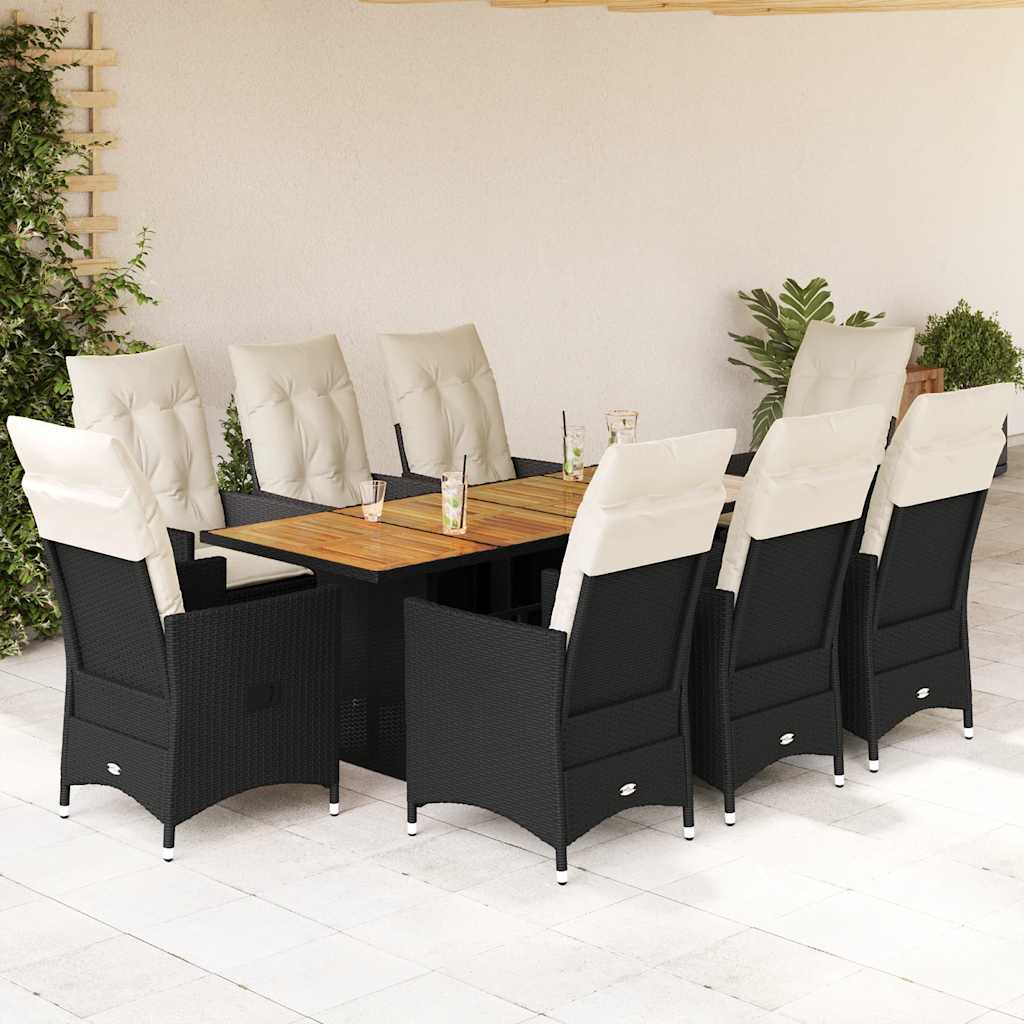 9 Pcs conjunto de jantar p/ jardim c/ almofadões vime PE preto