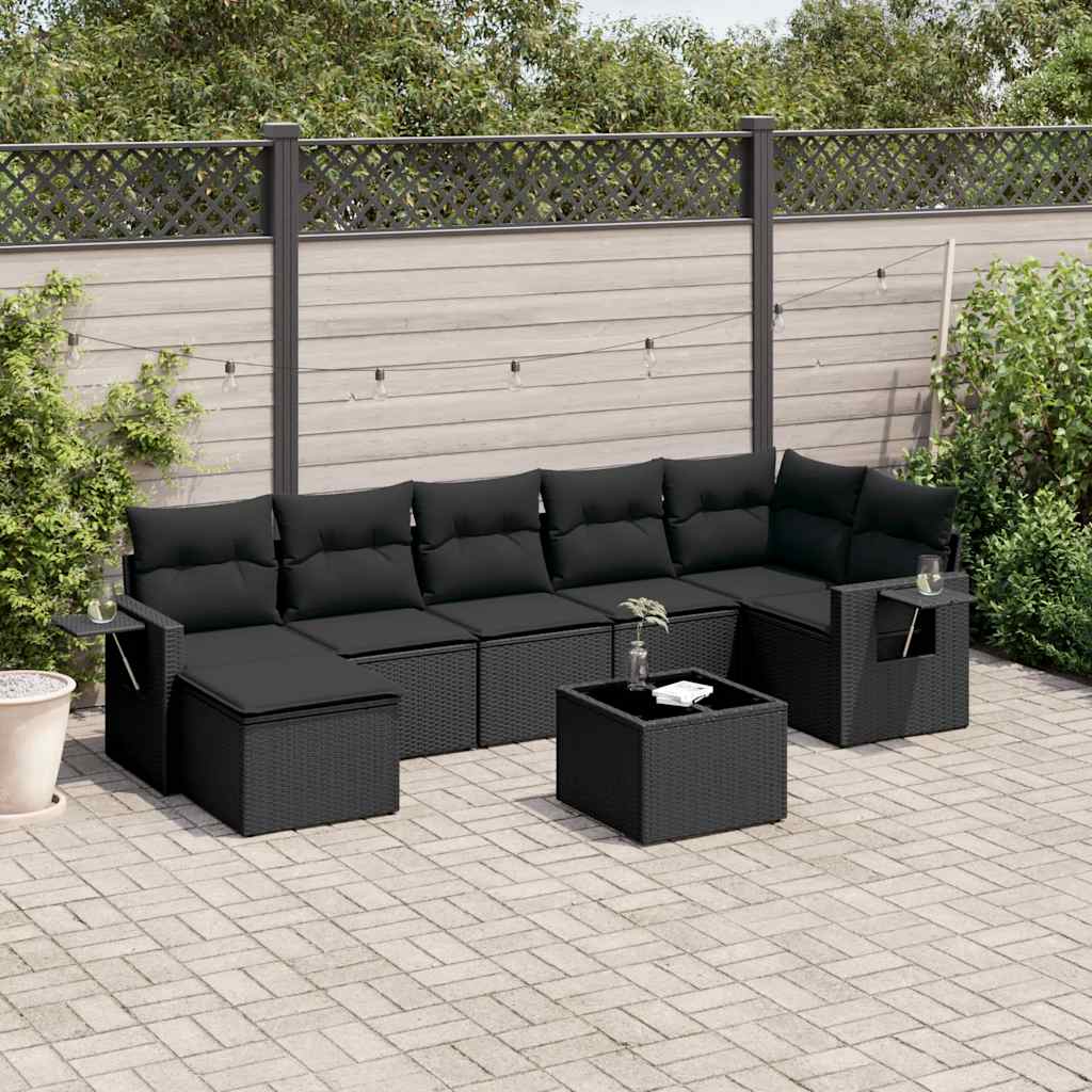 8 Pcs conjunto sofás de jardim com almofadões vime PE preto