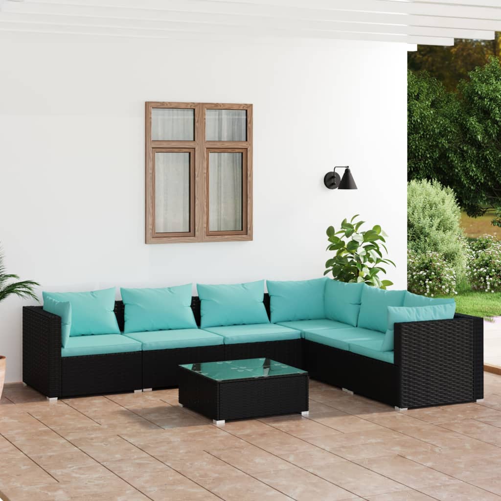 7 Pcs conjunto lounge de jardim c/ almofadões vime PE preto