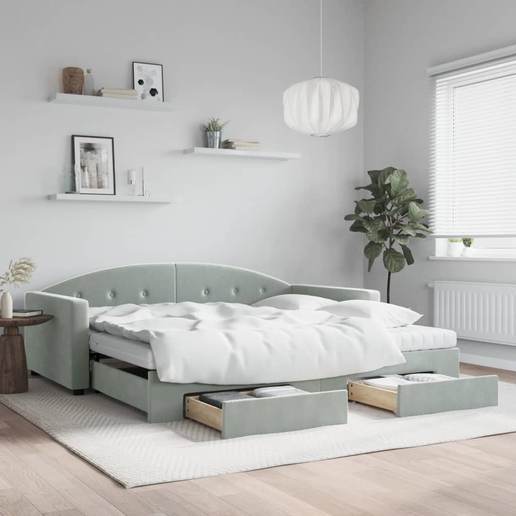 Sofá-cama c/ gavetão e gavetas 100x200 cm veludo cinzento-claro