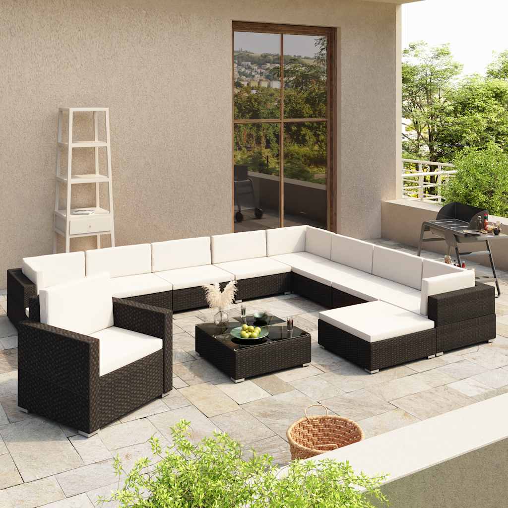 12 Pcs conjunto lounge de jardim c/ almofadões vime PE preto