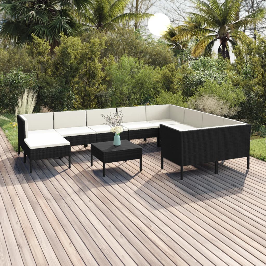 11 Pcs conjunto lounge de jardim c/ almofadões vime PE preto