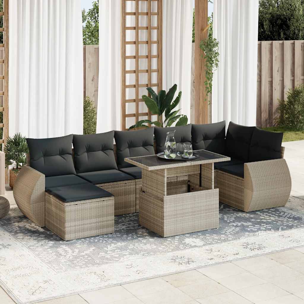 8 Pcs conj. sofás jardim c/ almofadões vime PE cinzento-claro