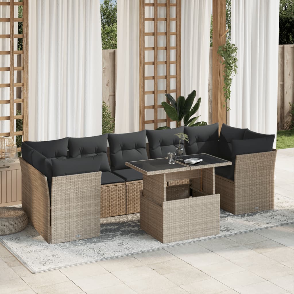 8 Pcs conj. sofás jardim c/ almofadões vime PE cinzento-claro