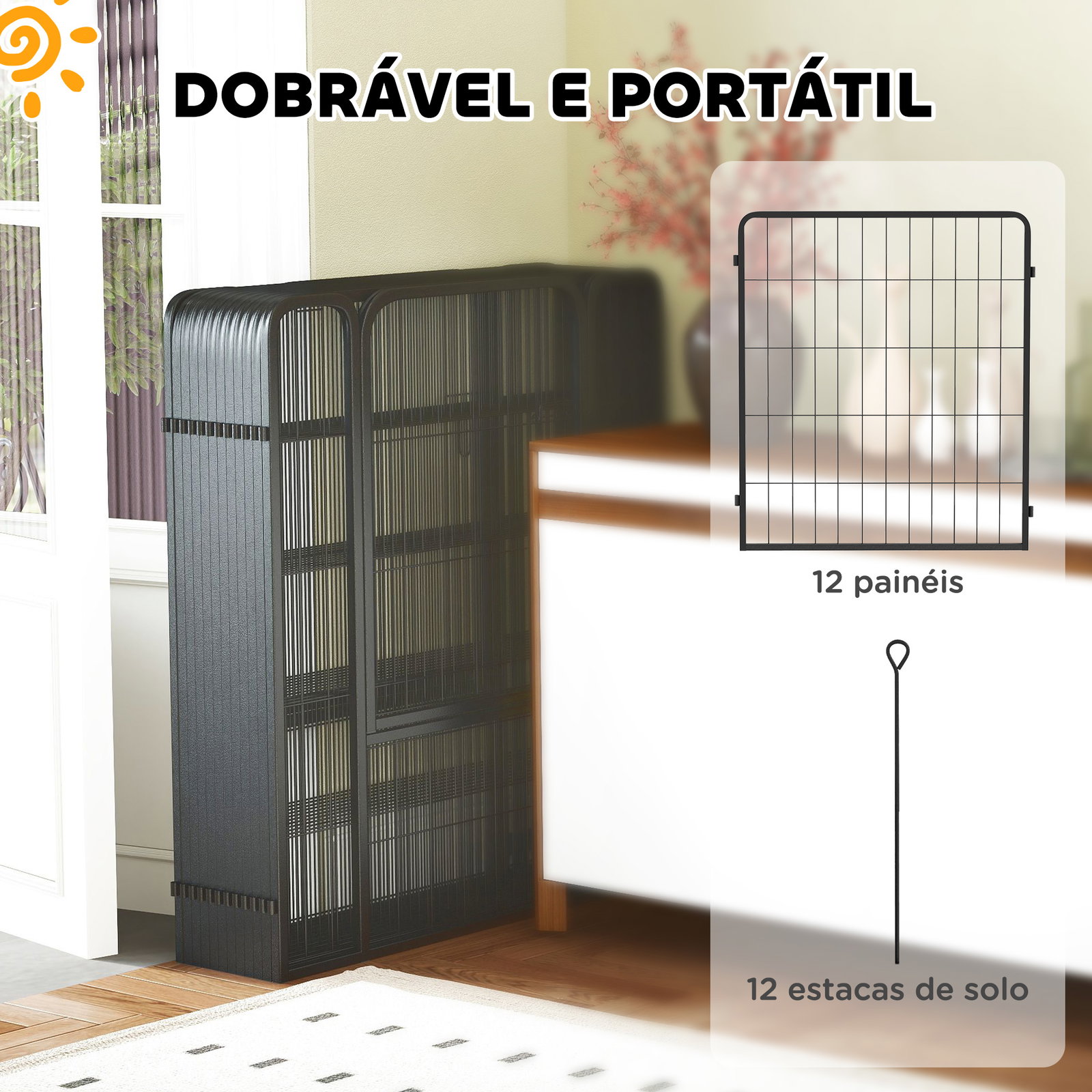 Parque para cães de 12 painéis 68x80 cm parque dobrável para cães médios com portas fecho e estacas preto