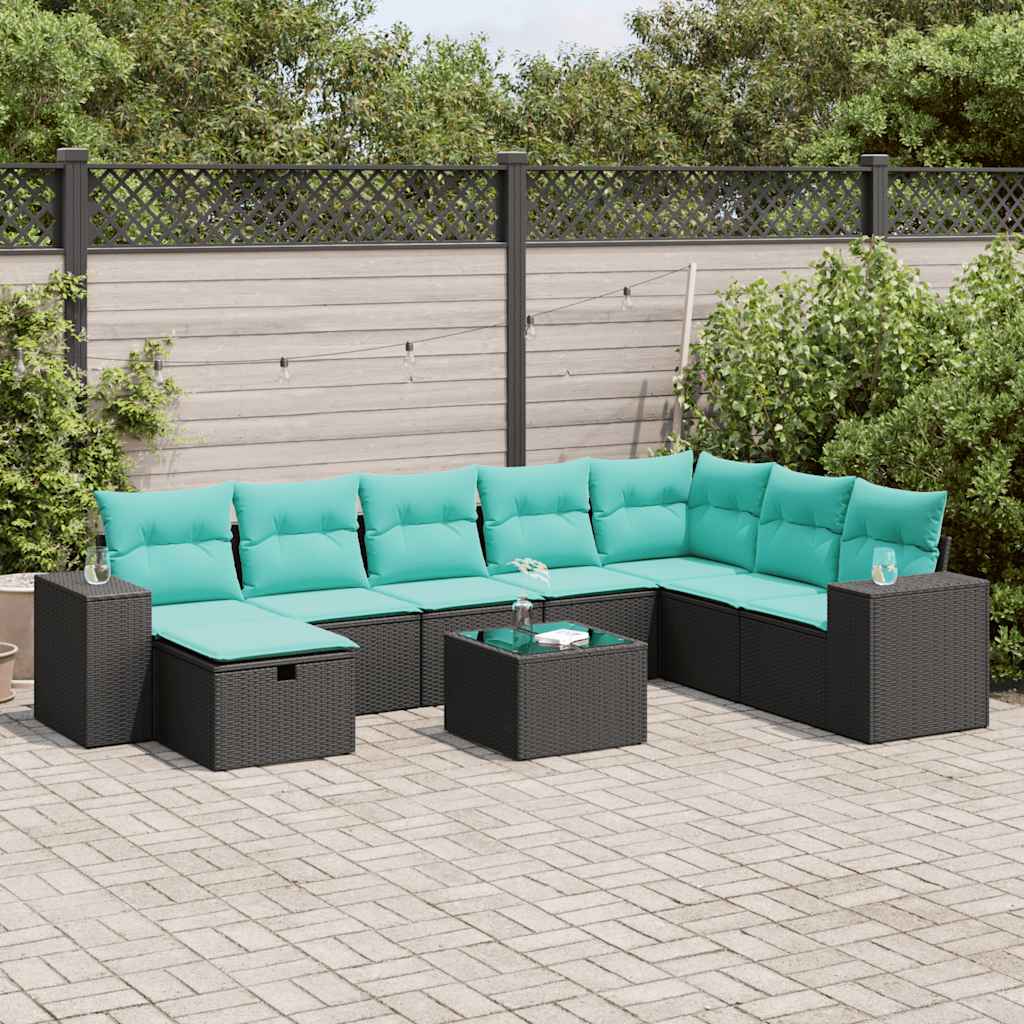 9 Pcs conjunto de sofás p/ jardim c/ almofadões vime PE preto