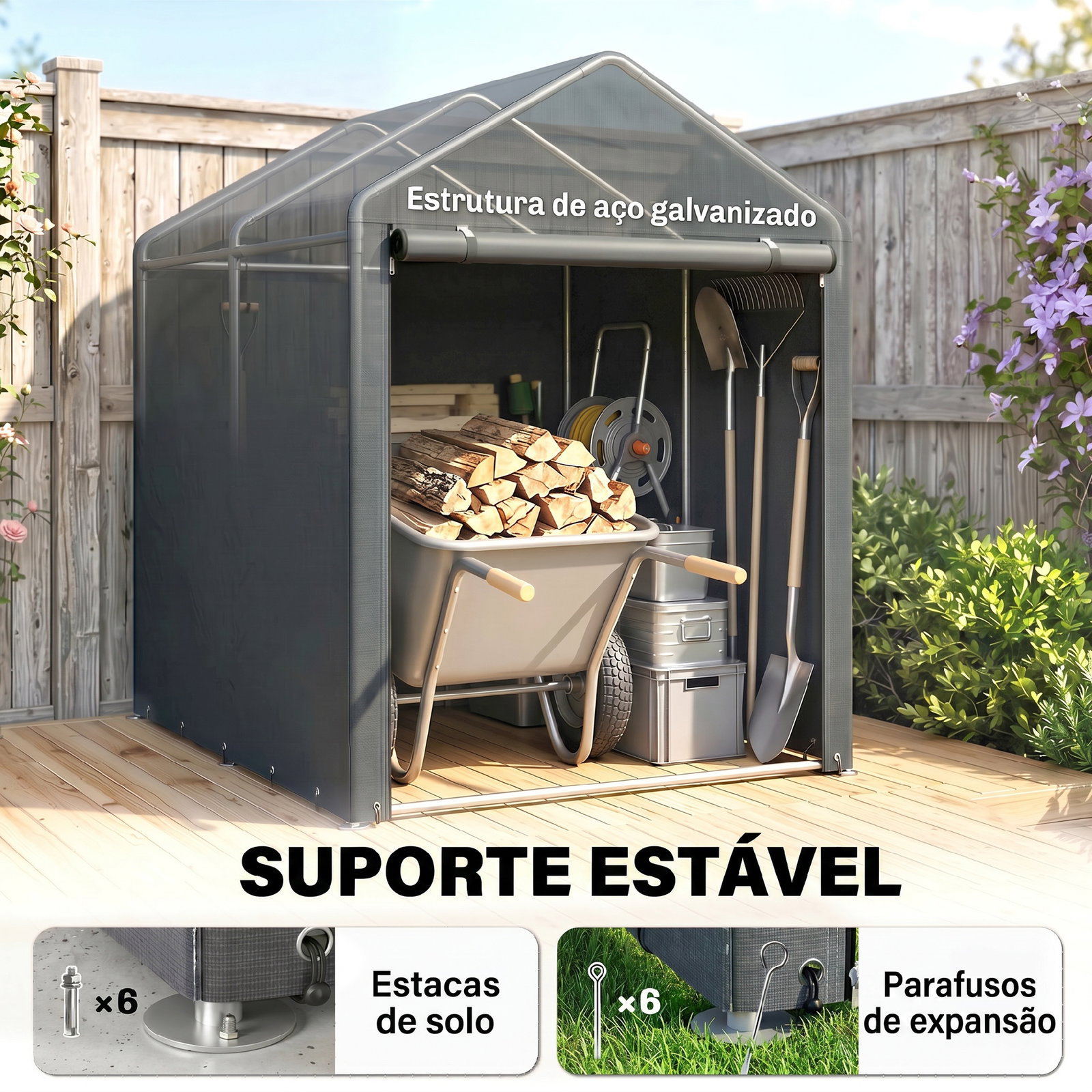 Abrigo para ferramentas bicicletas e motos 1,2x1,8x1,65 m garagem portátil com 2 habitações cinza escuro