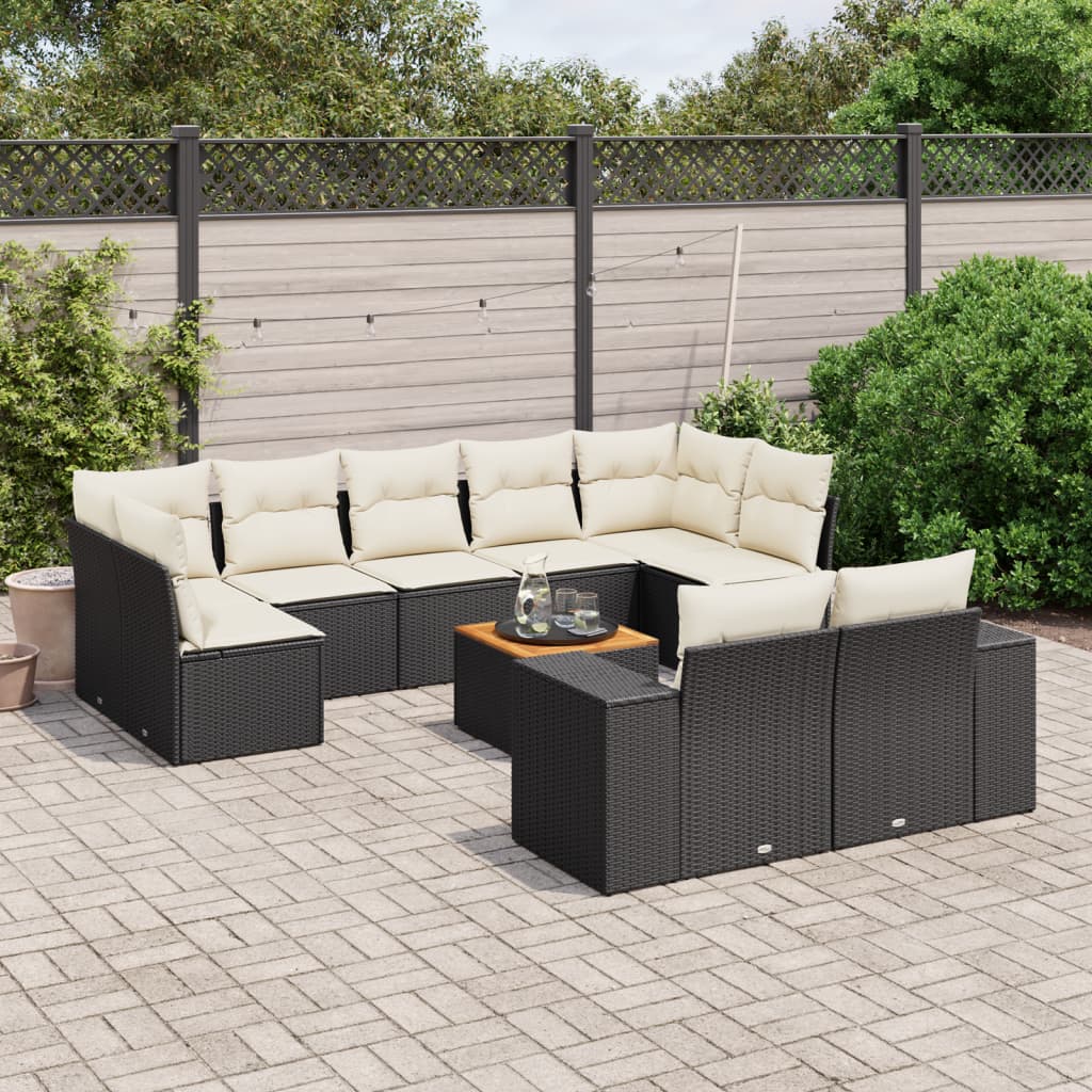 10 Pcs conjunto sofás de jardim c/ almofadões vime PE preto