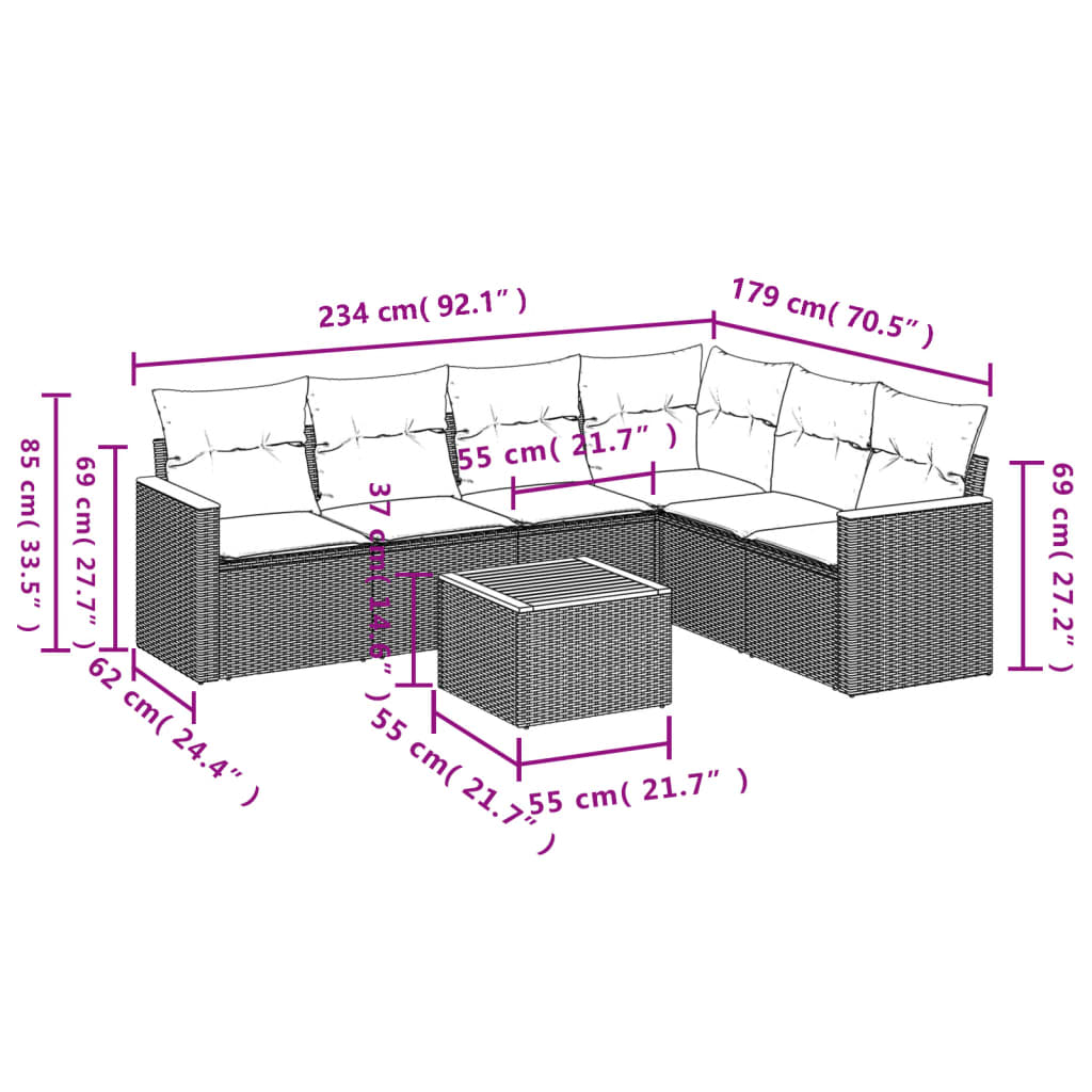 7 Pcs conjunto de sofás p/ jardim c/ almofadões vime PE preto