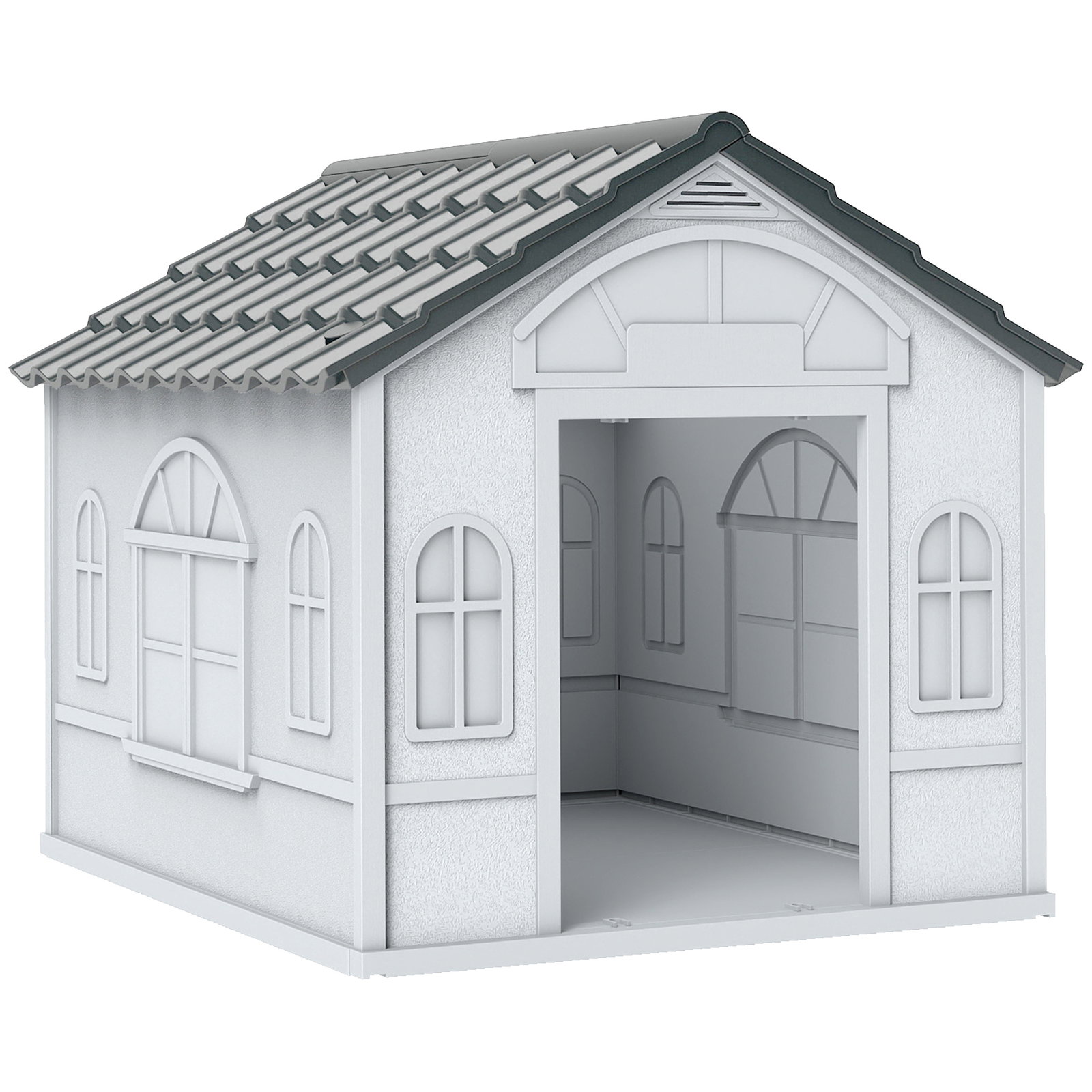 Casa para cães 65x75,7x63 cm casa para cães com janelas e teto com telhas de imitação para cães médios cinza e branco