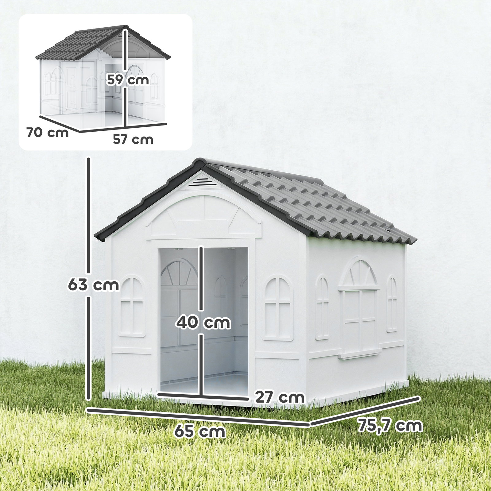 Casa para cães 65x75,7x63 cm casa para cães com janelas e teto com telhas de imitação para cães médios cinza e branco