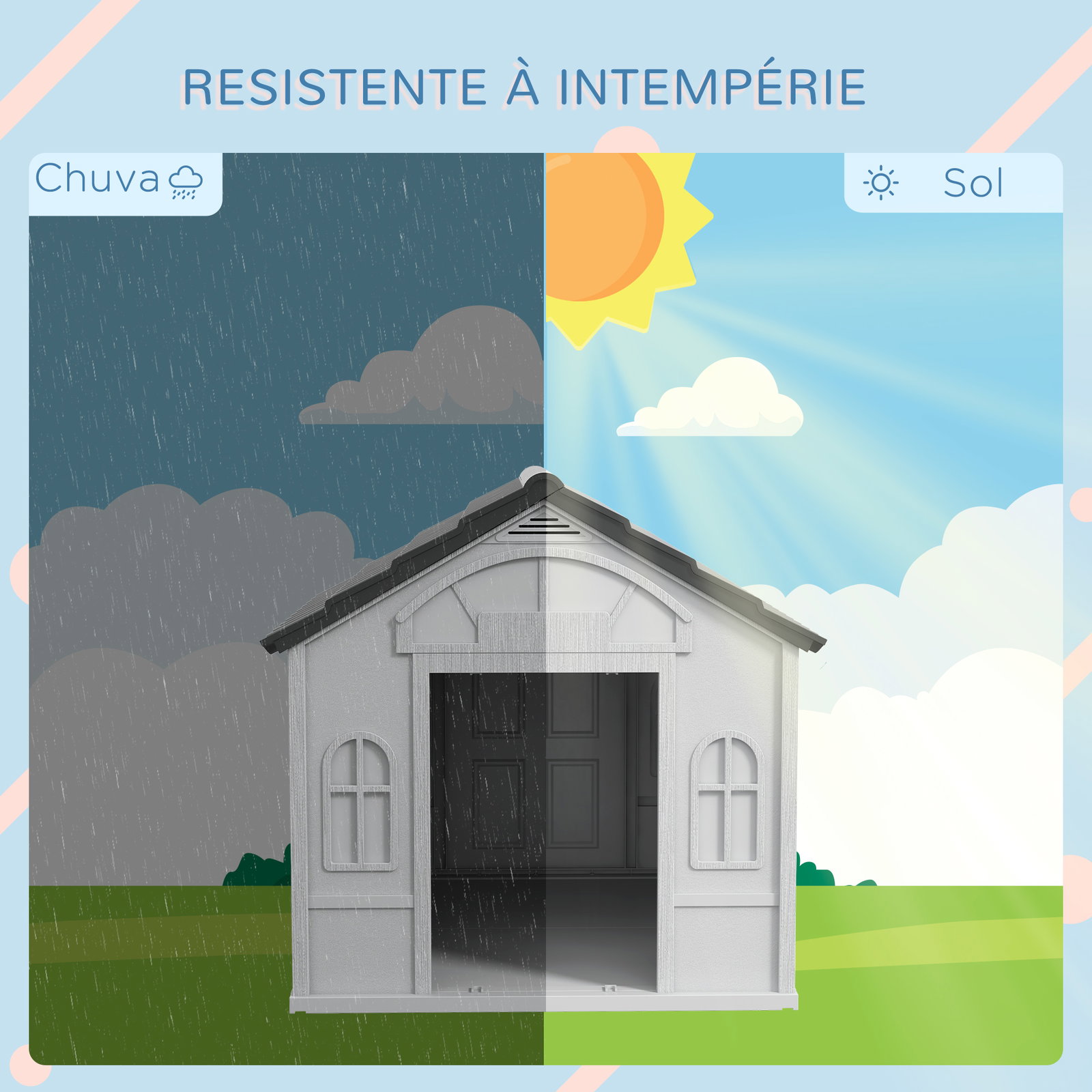 Casa para cães 65x75,7x63 cm casa para cães com janelas e teto com telhas de imitação para cães médios cinza e branco