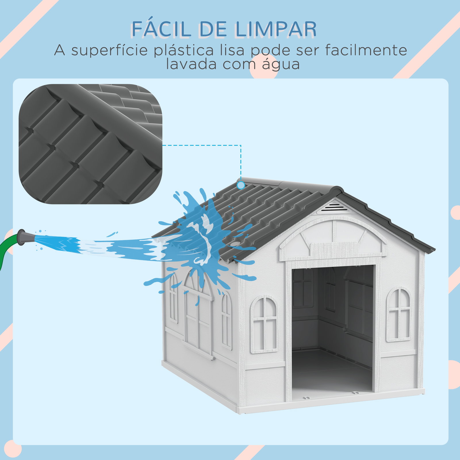Casa para cães 65x75,7x63 cm casa para cães com janelas e teto com telhas de imitação para cães médios cinza e branco
