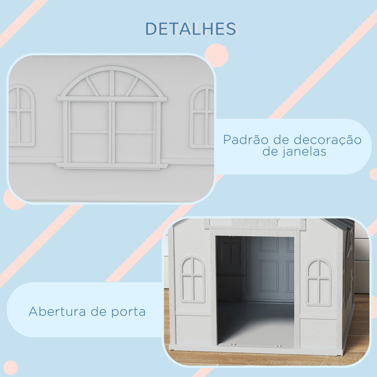 Casa para cães 65x75,7x63 cm casa para cães com janelas e teto com telhas de imitação para cães médios cinza e branco
