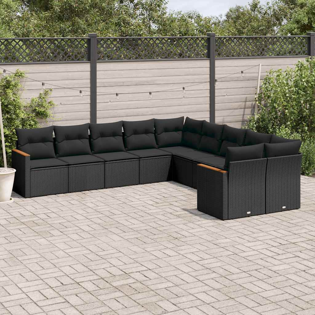 10 Pcs conjunto sofás de jardim c/ almofadões vime PE preto