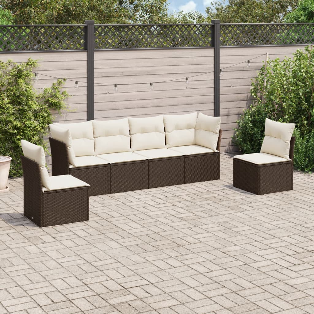 6 Pcs conjunto de sofás jardim c/ almofadões vime PE castanho