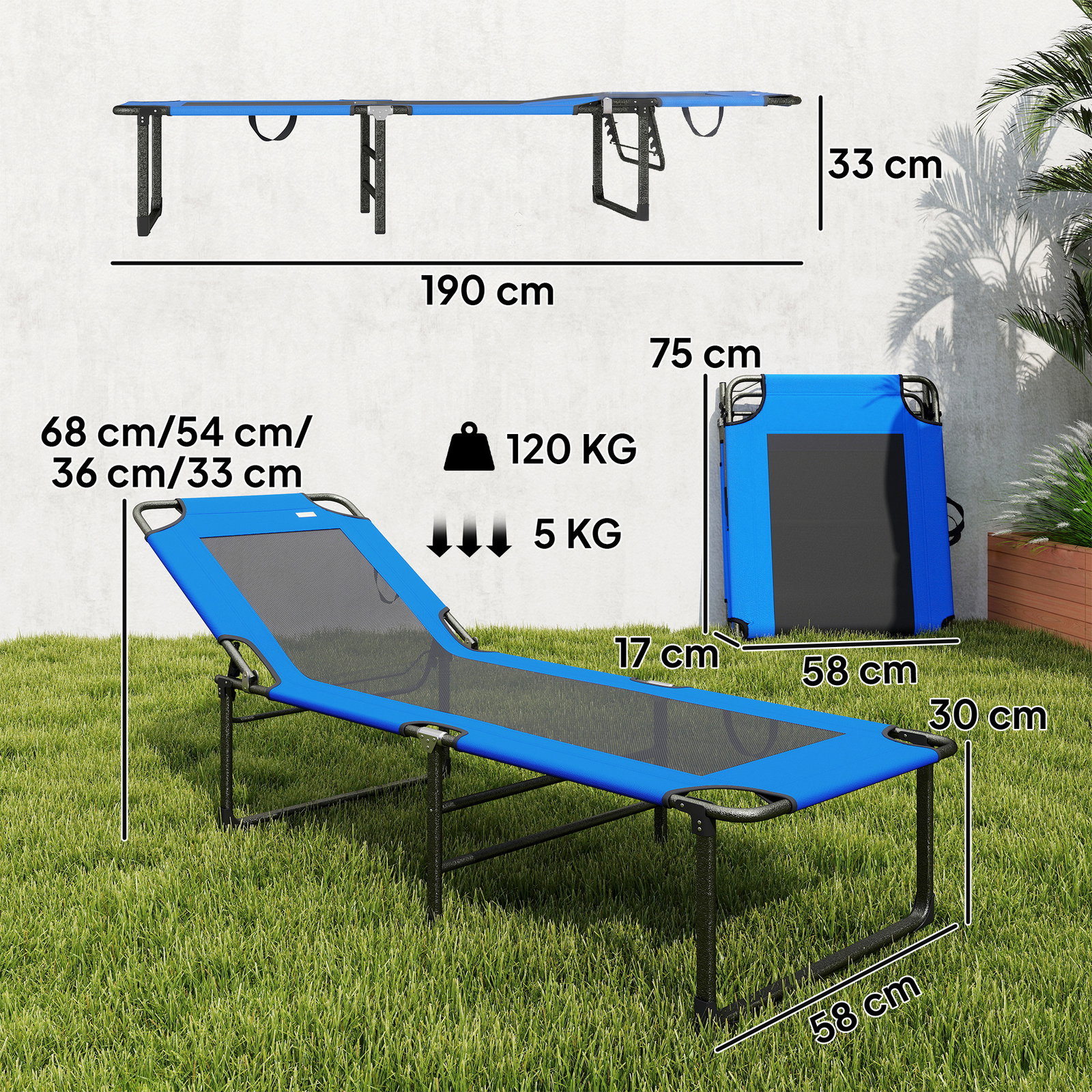 Espreguiçadeira dobrável com encosto ajustável em 4 posições, alças e encosto de textilene suporta até 120 kg 175x58x68 cm azul