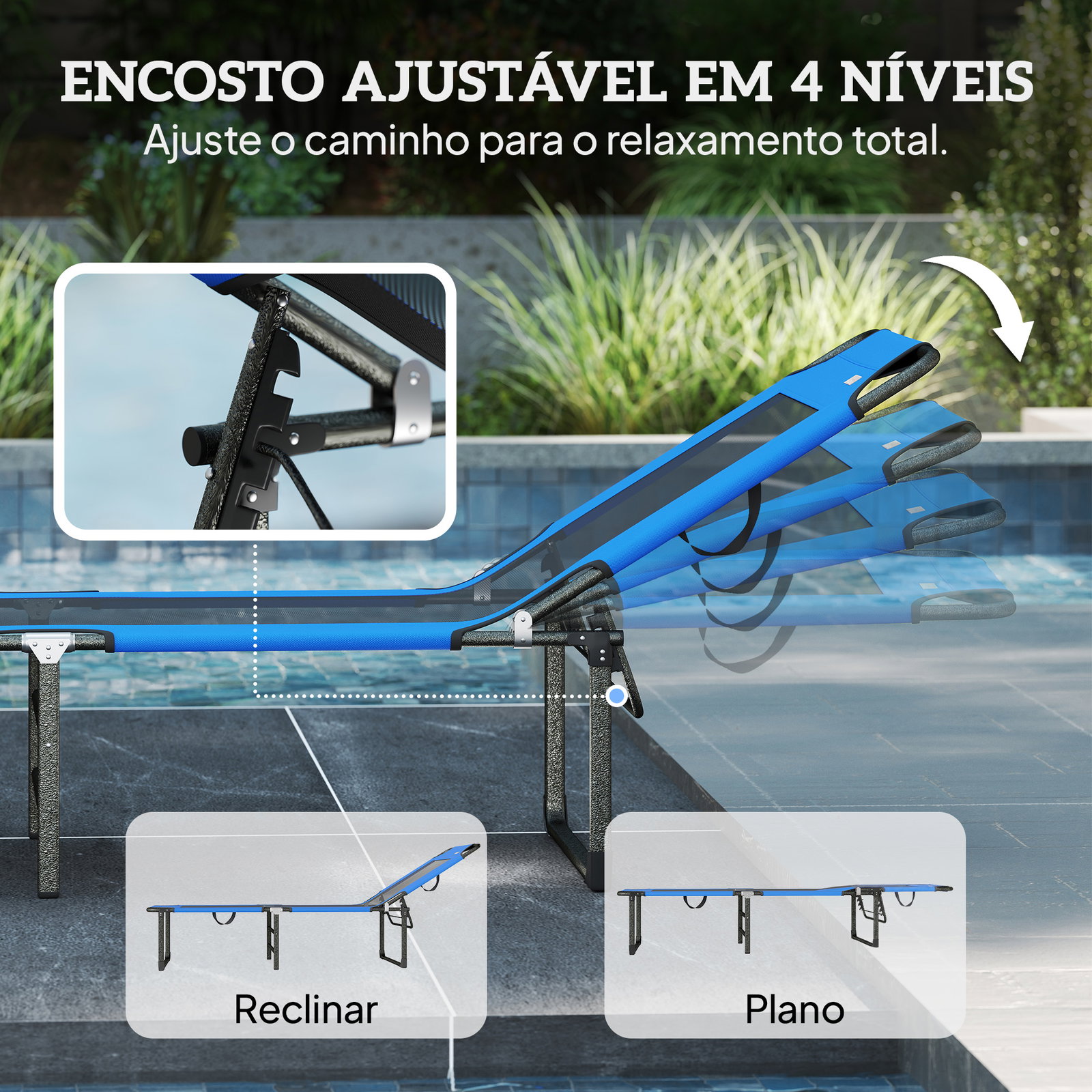 Espreguiçadeira dobrável com encosto ajustável em 4 posições, alças e encosto de textilene suporta até 120 kg 175x58x68 cm azul