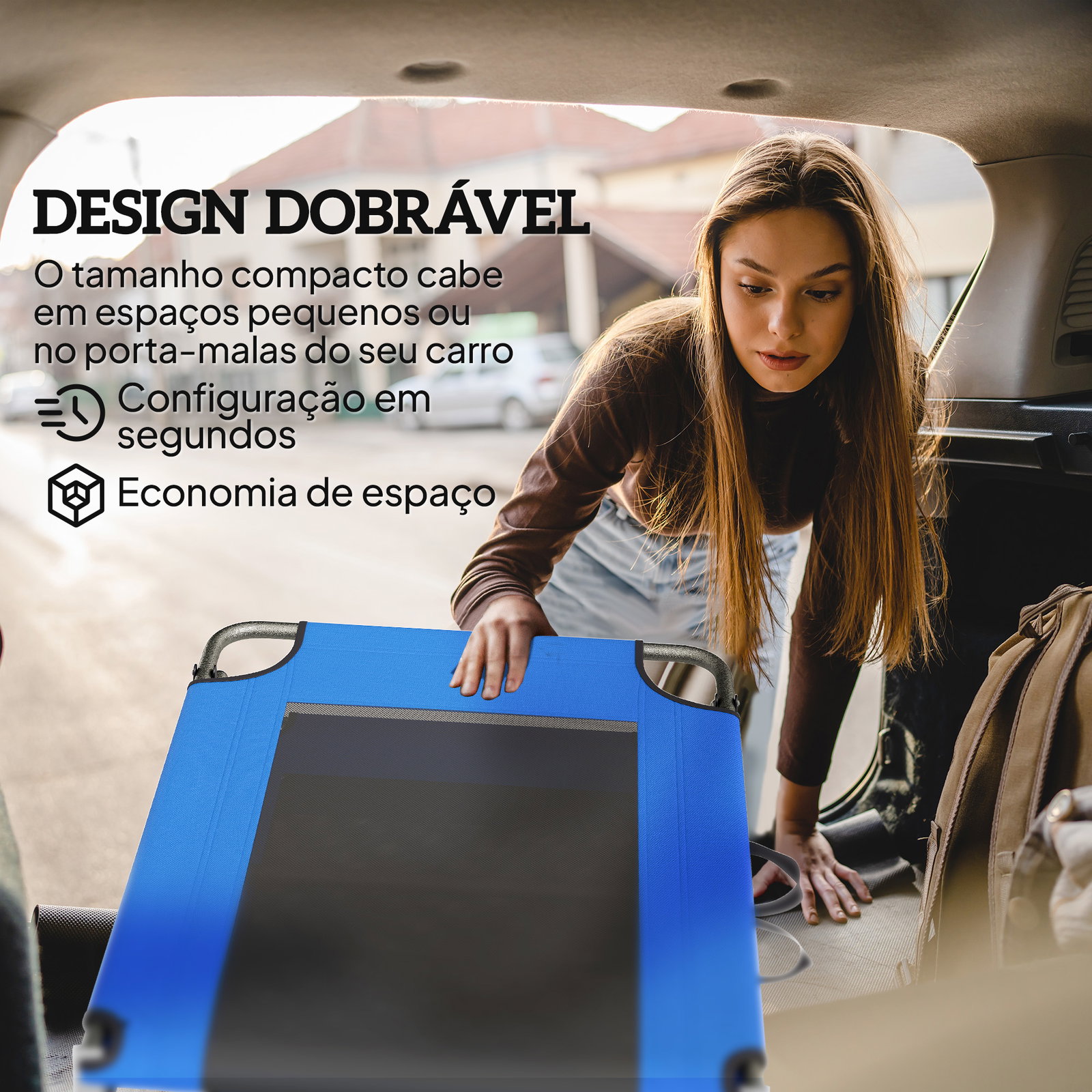 Espreguiçadeira dobrável com encosto ajustável em 4 posições, alças e encosto de textilene suporta até 120 kg 175x58x68 cm azul