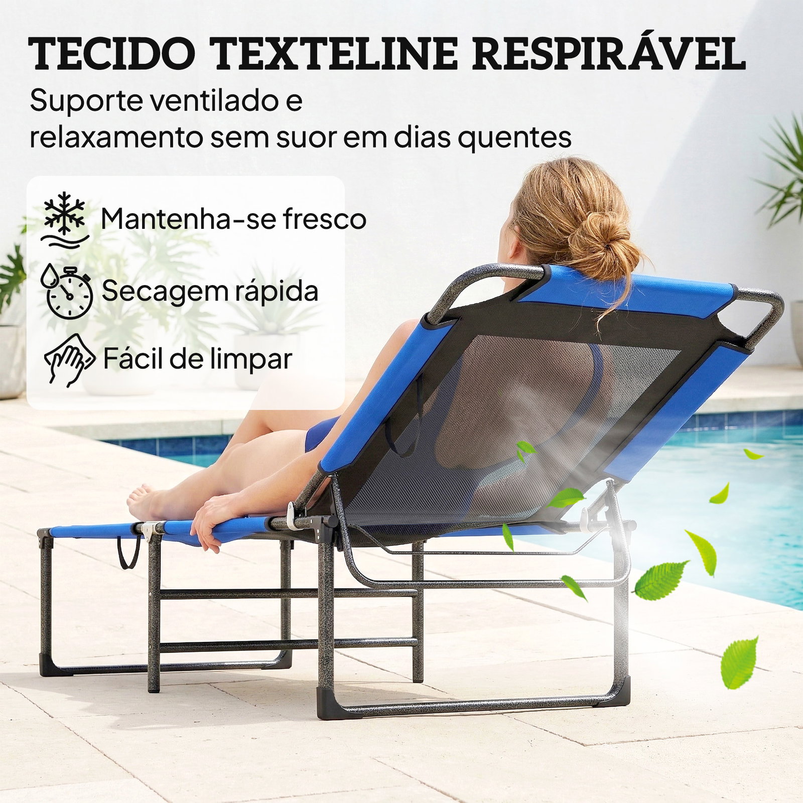 Espreguiçadeira dobrável com encosto ajustável em 4 posições, alças e encosto de textilene suporta até 120 kg 175x58x68 cm azul