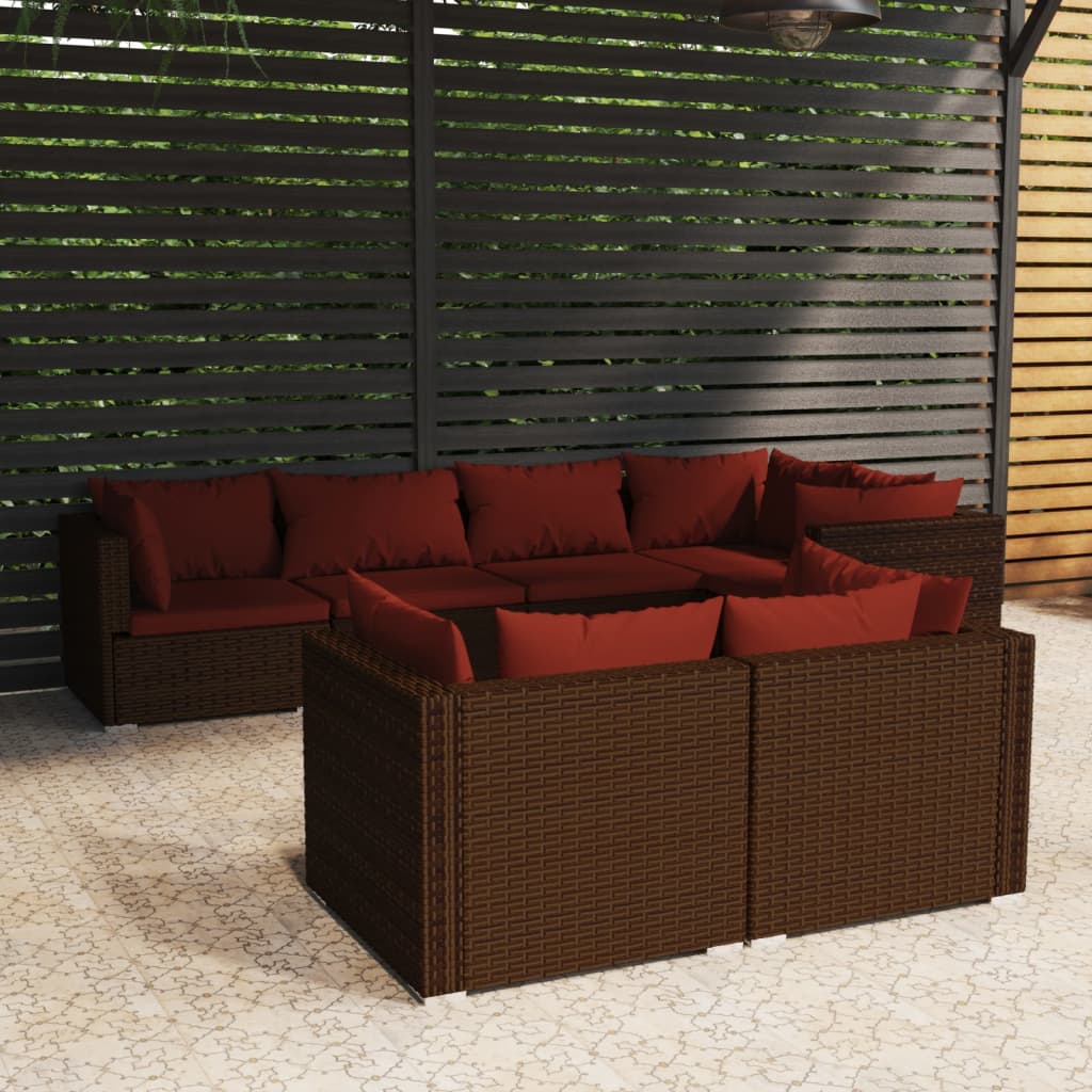 7 Pcs conjunto lounge jardim c/ almofadões vime PE castanho